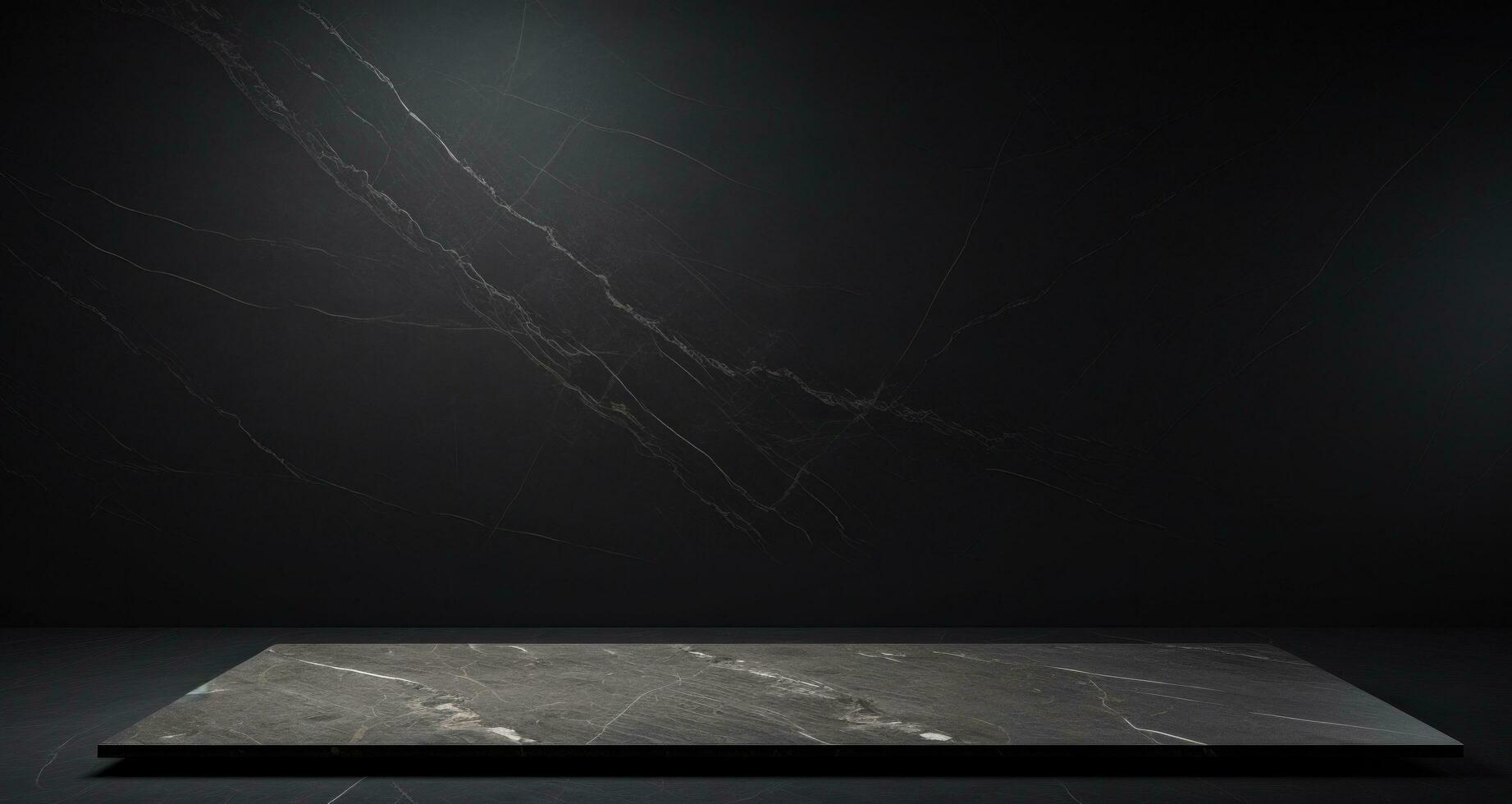AI generated an empty room with black wall and marble floor, photo