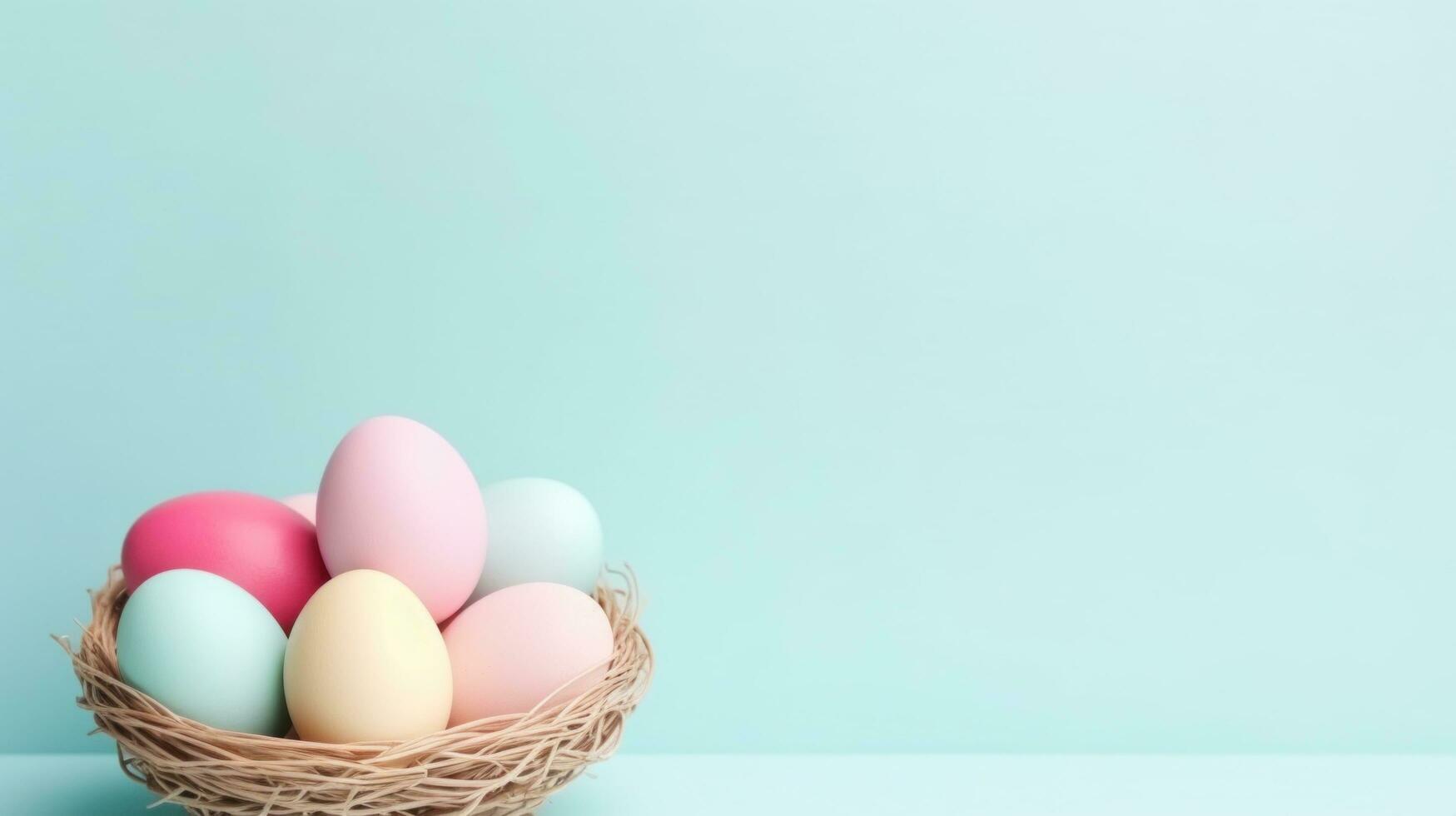 AI generated backet with easter colorful eggs, minimalist background, photo