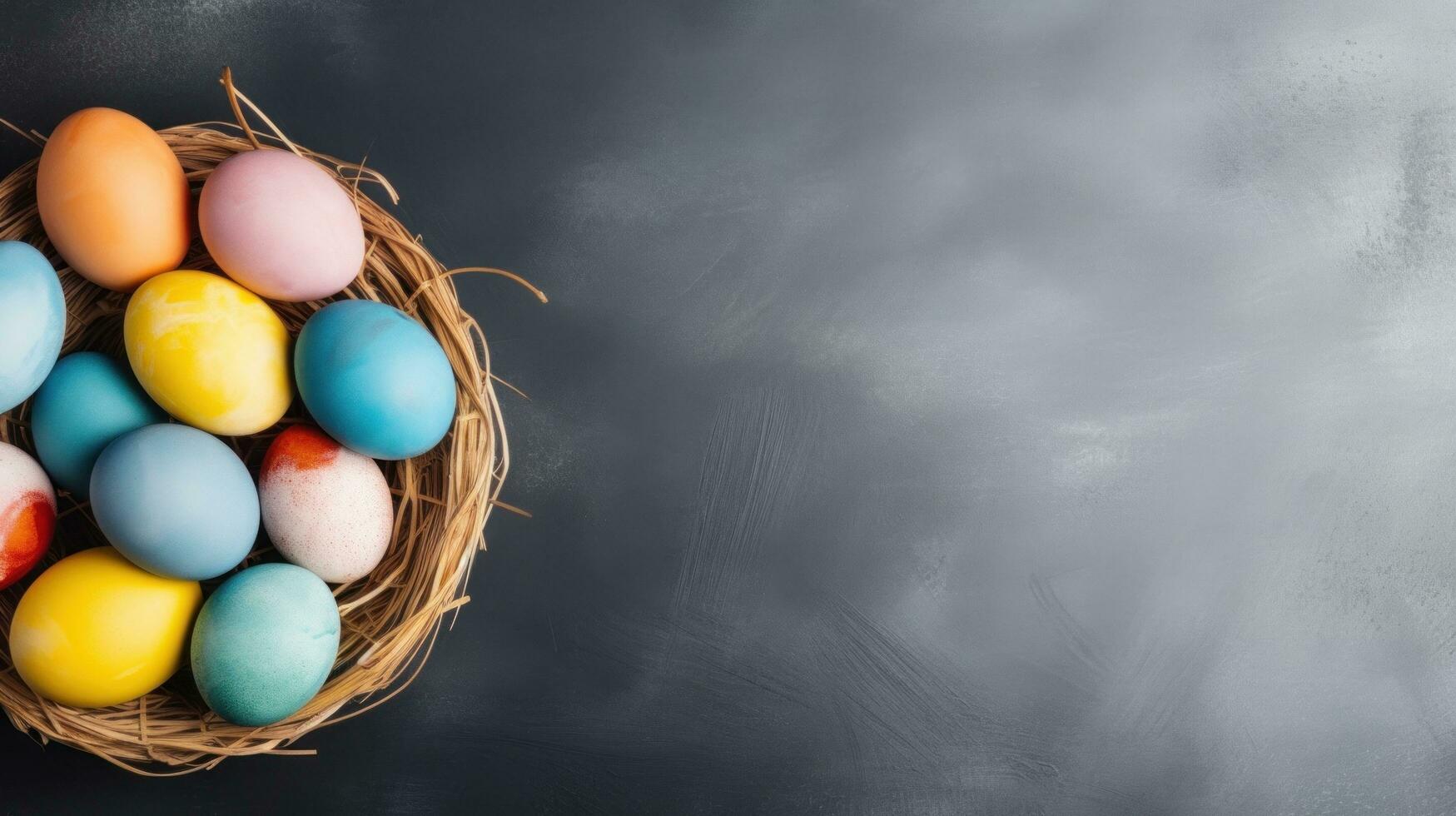 AI generated backet with easter colorful eggs, minimalist background, photo