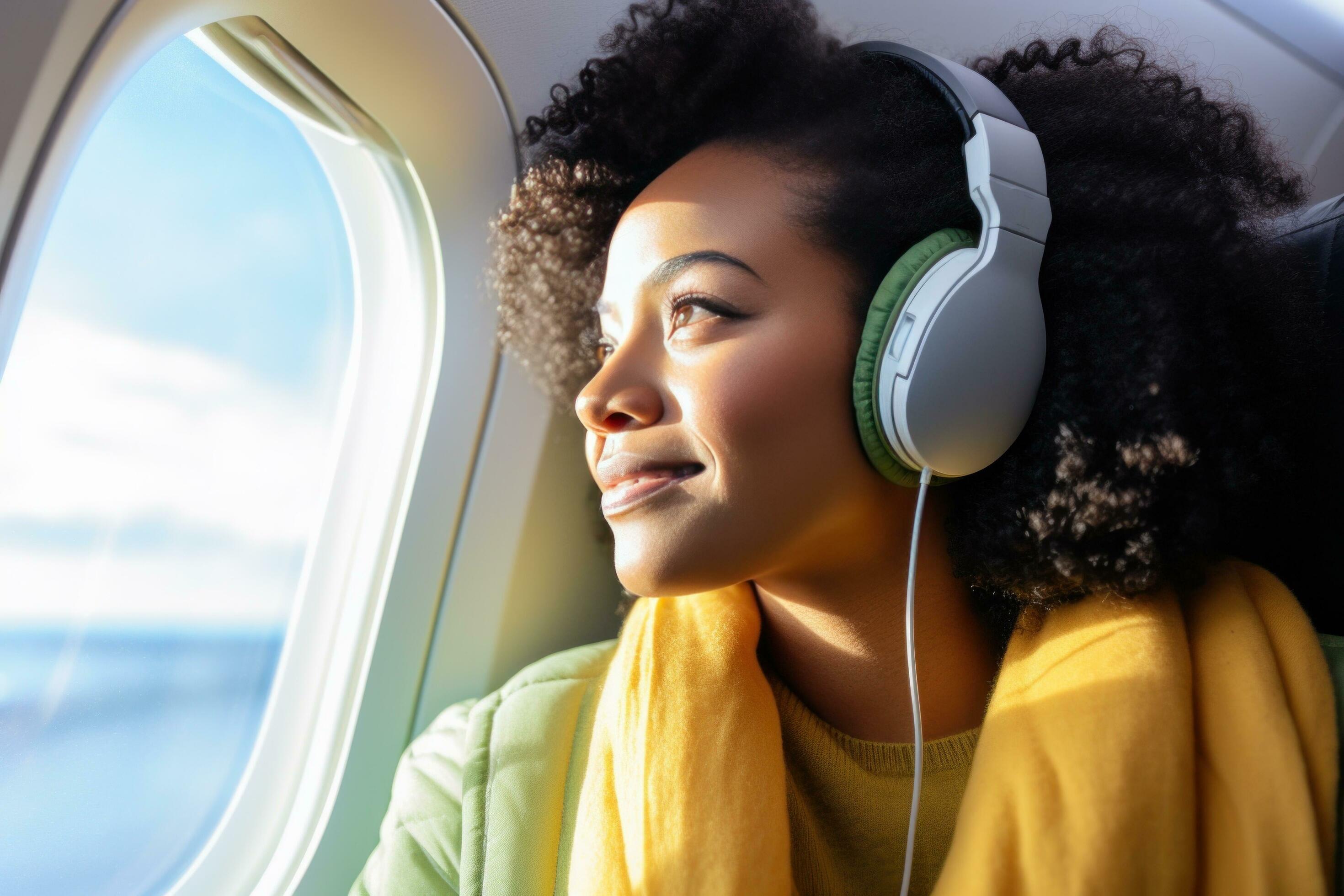 AI generated woman in earbuds looking out of an airplane window