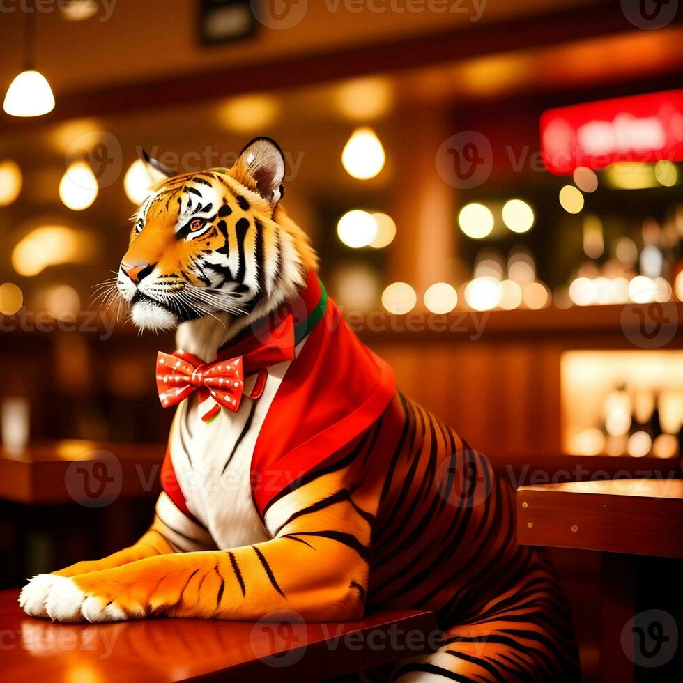 AI generated Tiger dressed in a festive holiday suit , sitting at a table in a bar. Anthropomorphic animals. Generative AI. photo