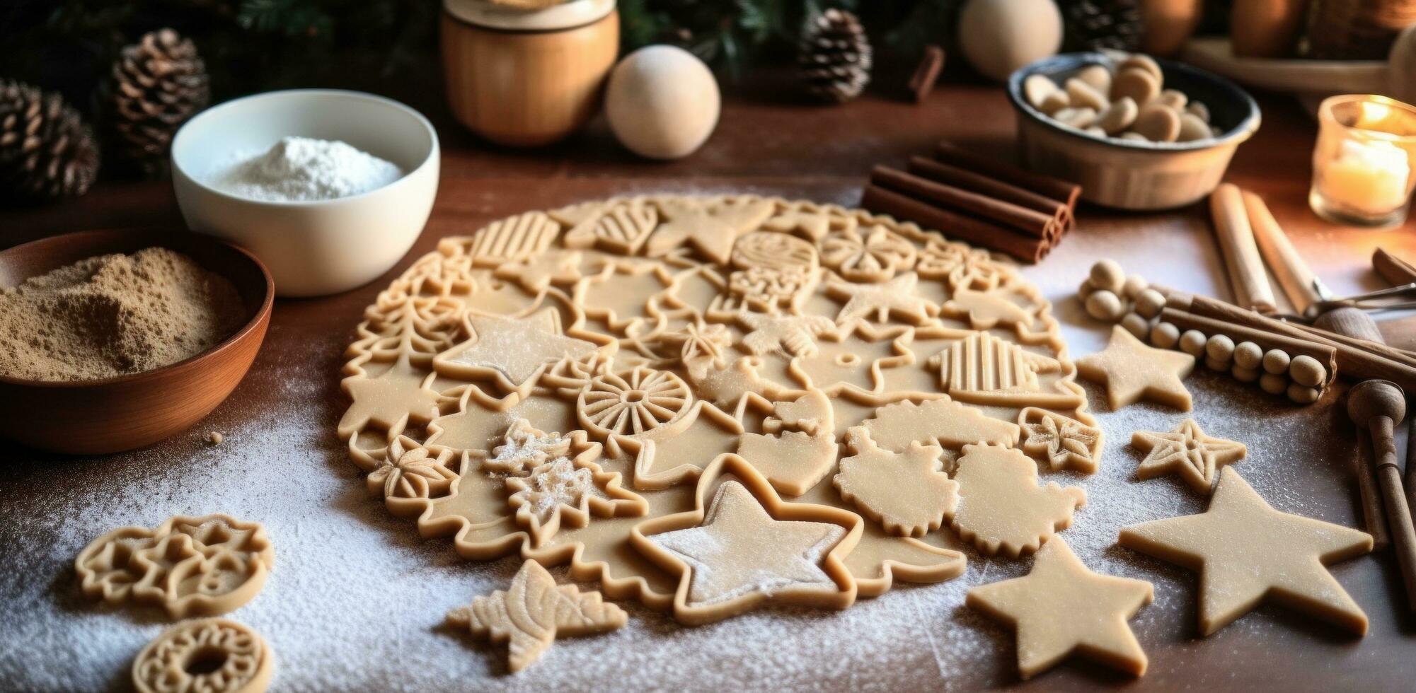 AI generated christmassugar cookie recipe gingerbread with cookie cutters, photo