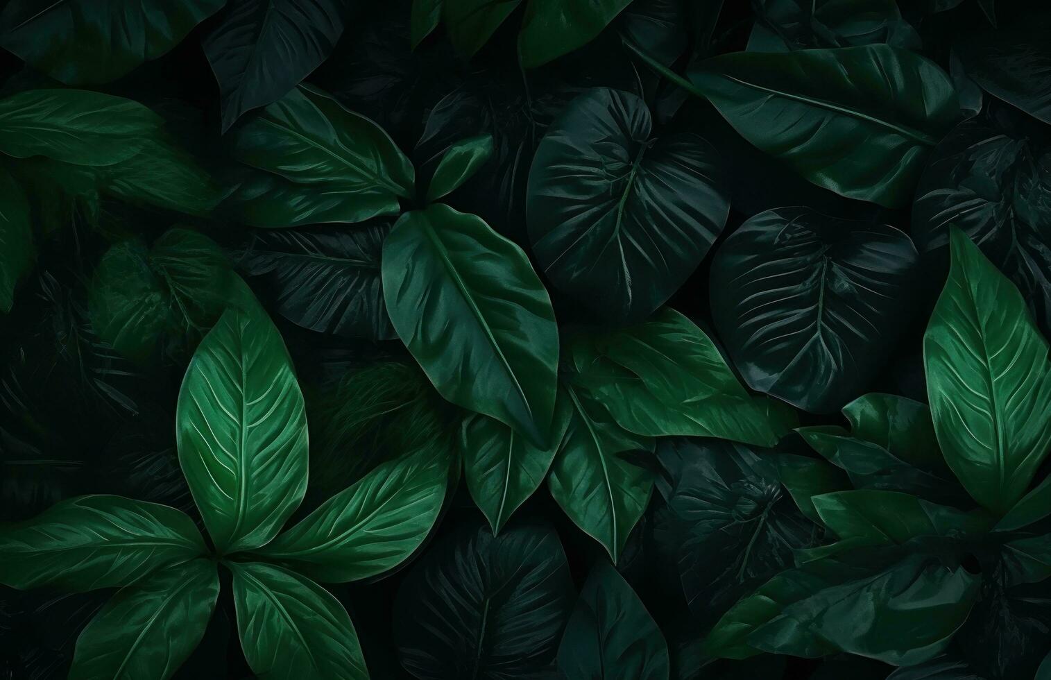 AI generated green leaves of a tropical forest on a dark, photo