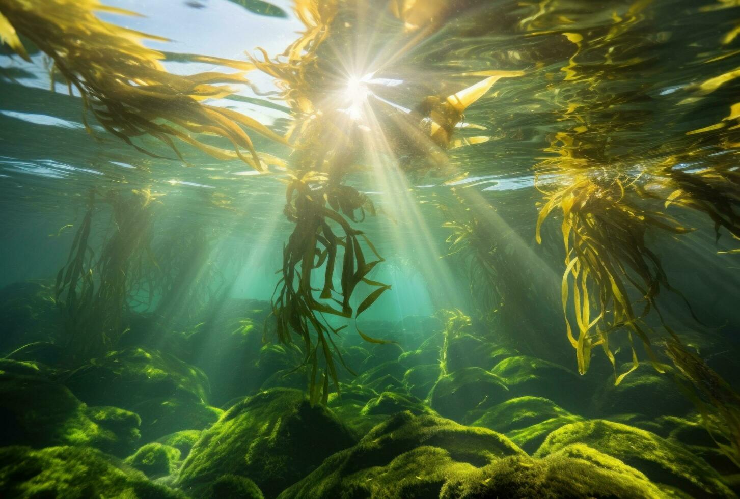 AI generated kelp and algae underwater in the sunlight, photo