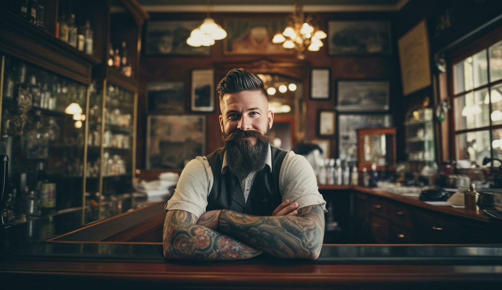 AI generated man with beard behind the counter at barber shop photo