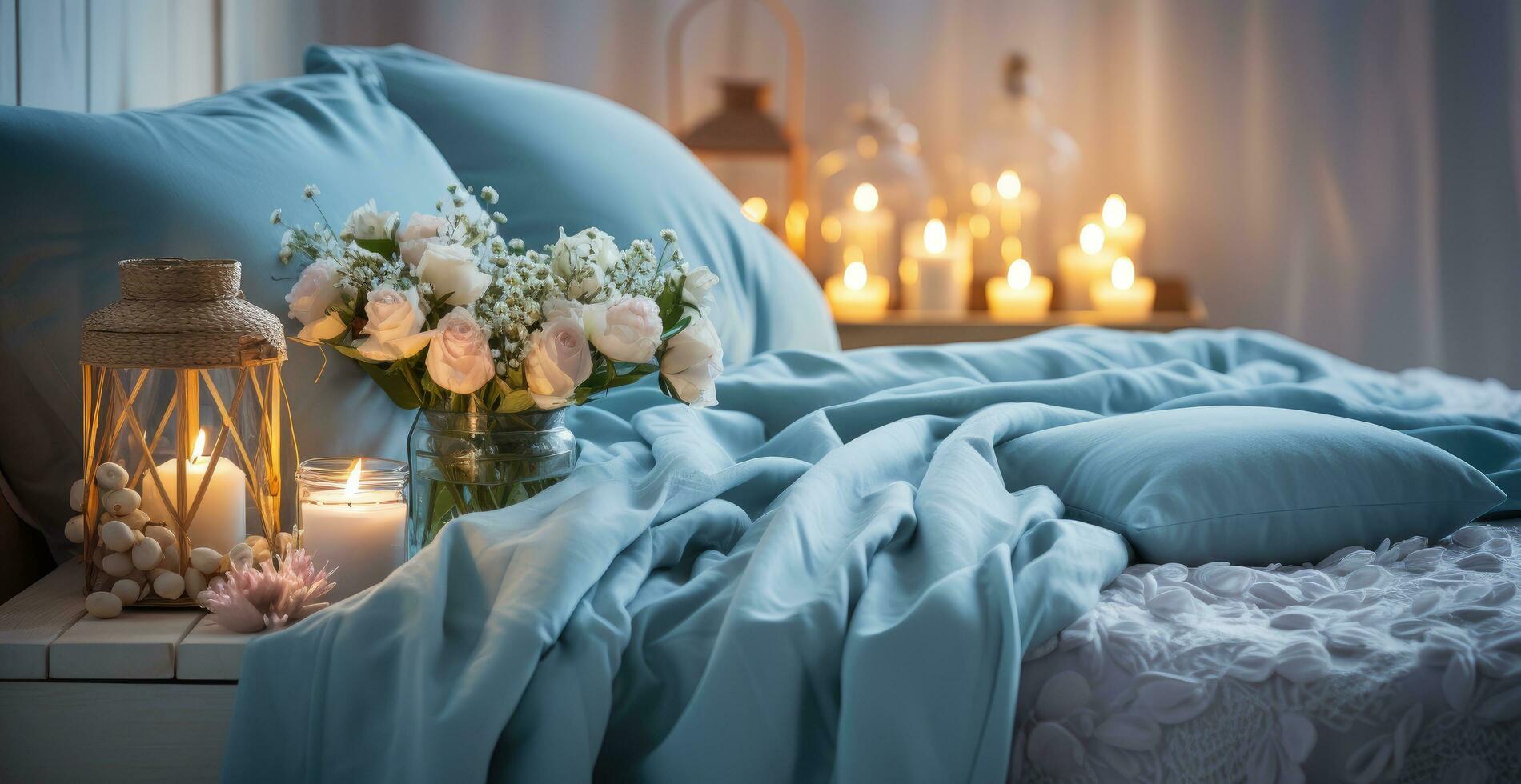 AI generated a bed surrounded with blankets and candles on it photo