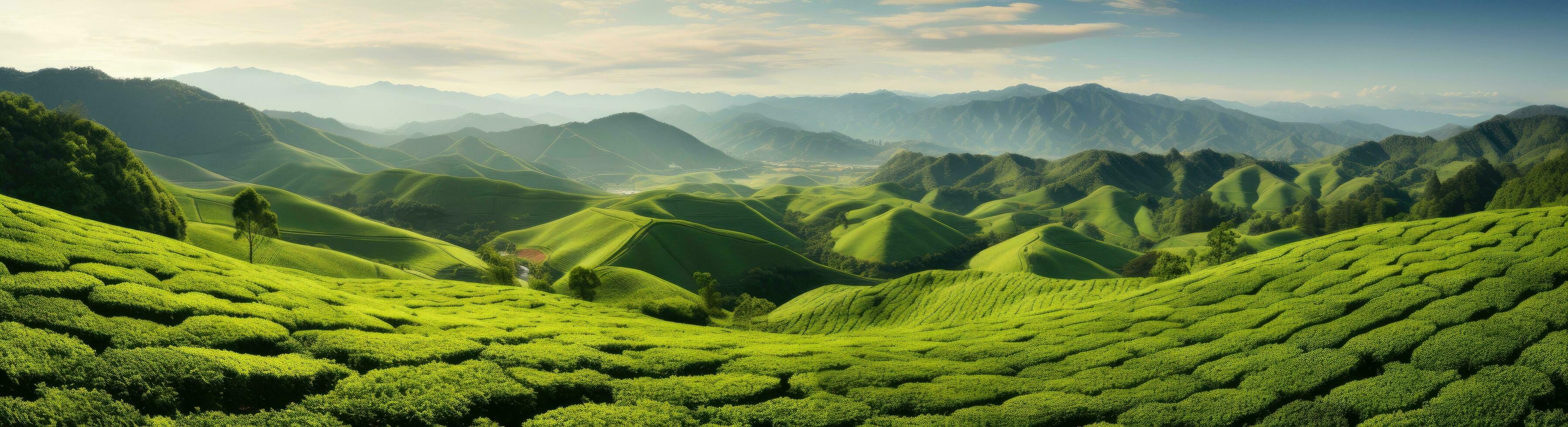 ai generado un hermosa paisaje de verde colinas y té campos foto