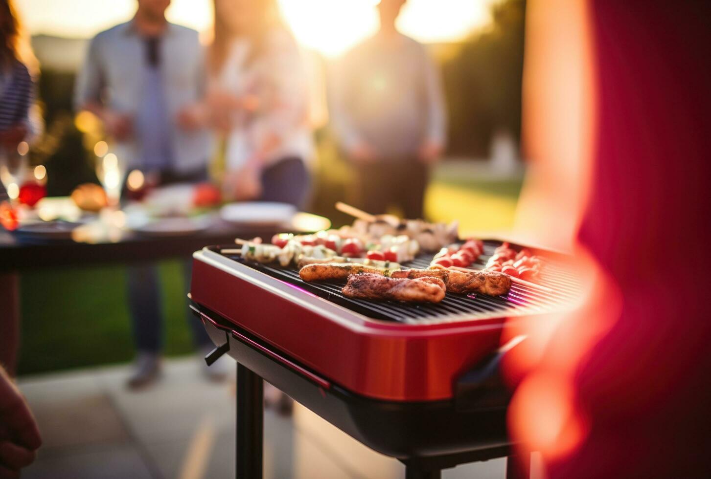 AI generated outdoor scene with people gathered in the background watching a grill photo