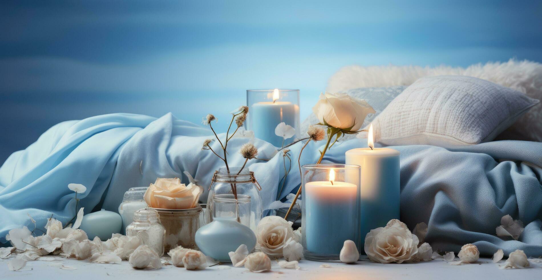 AI generated a bed surrounded with blankets and candles on it photo