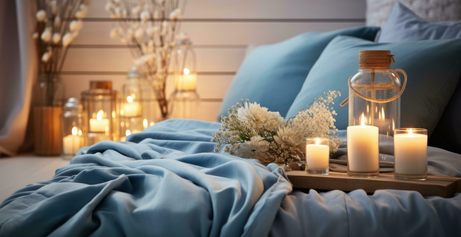 AI generated a bed surrounded with blankets and candles on it photo