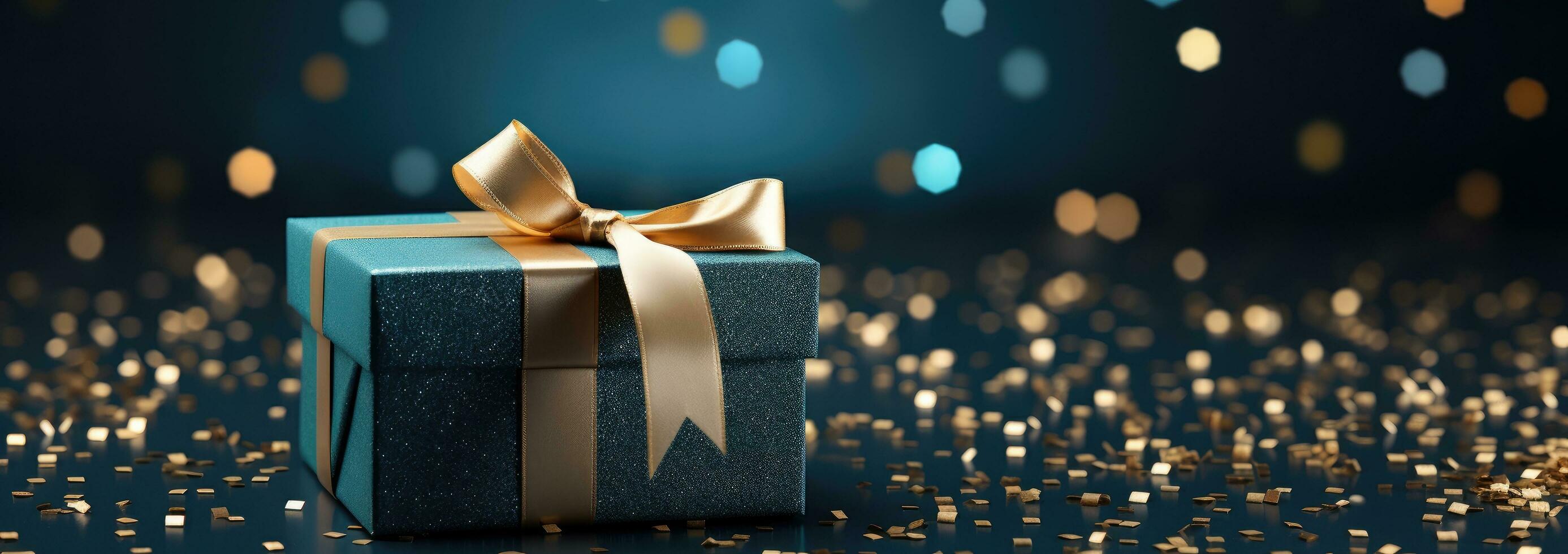 AI generated a beautiful present with gold bow on a blue background photo