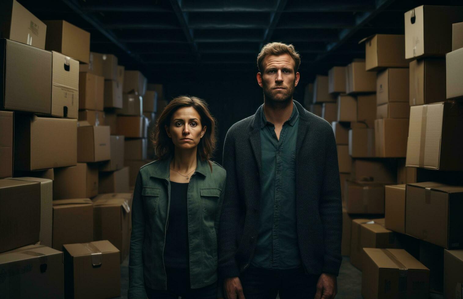 AI generated man and woman standing in front of moving boxes photo