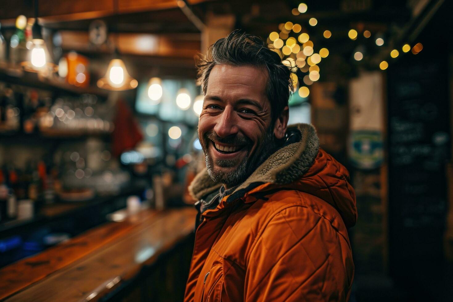 ai generado hombre sonriente a cámara en un naranja chaqueta en pie en un bar foto