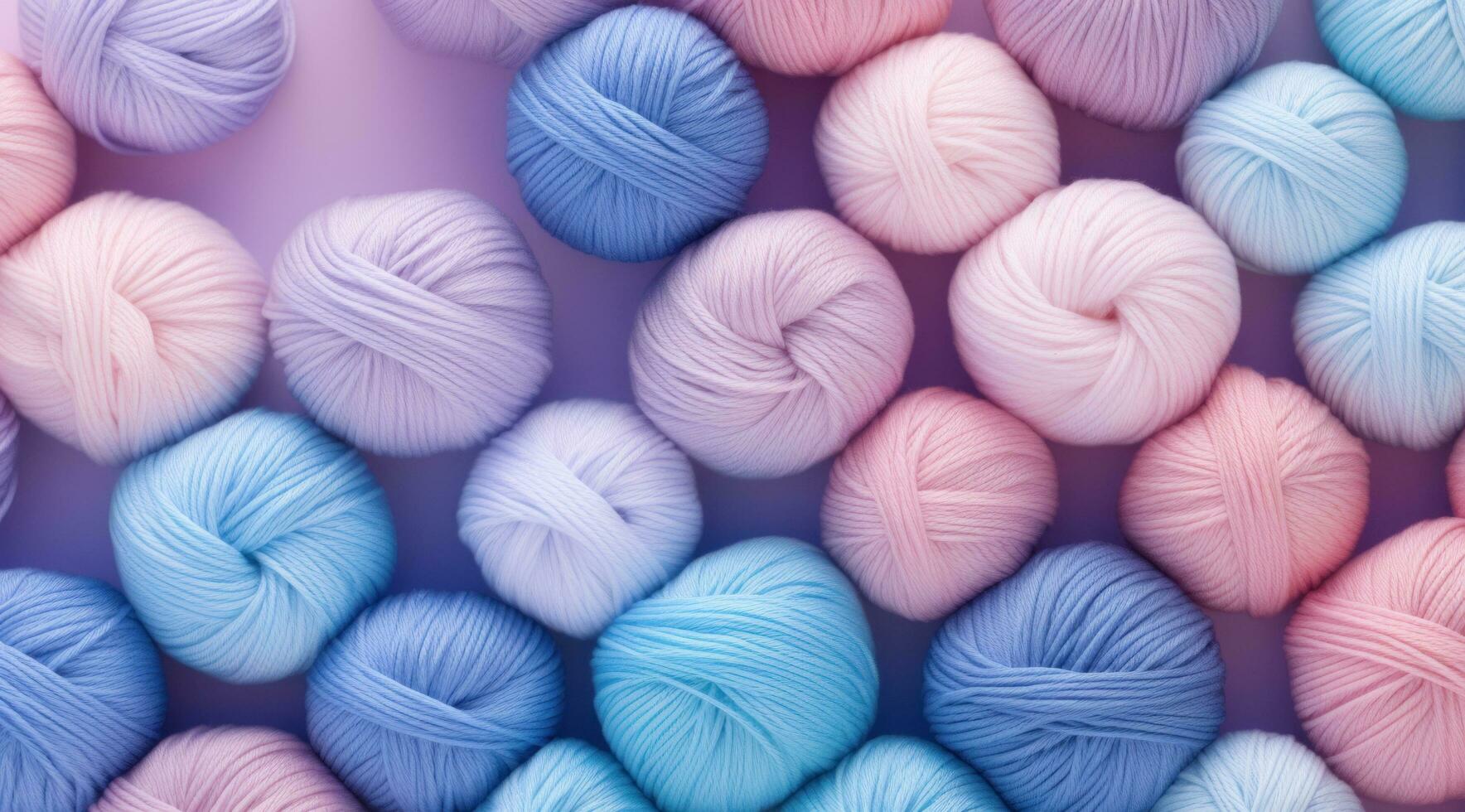 AI generated multiple kinds of yarn on a pink and blue background photo