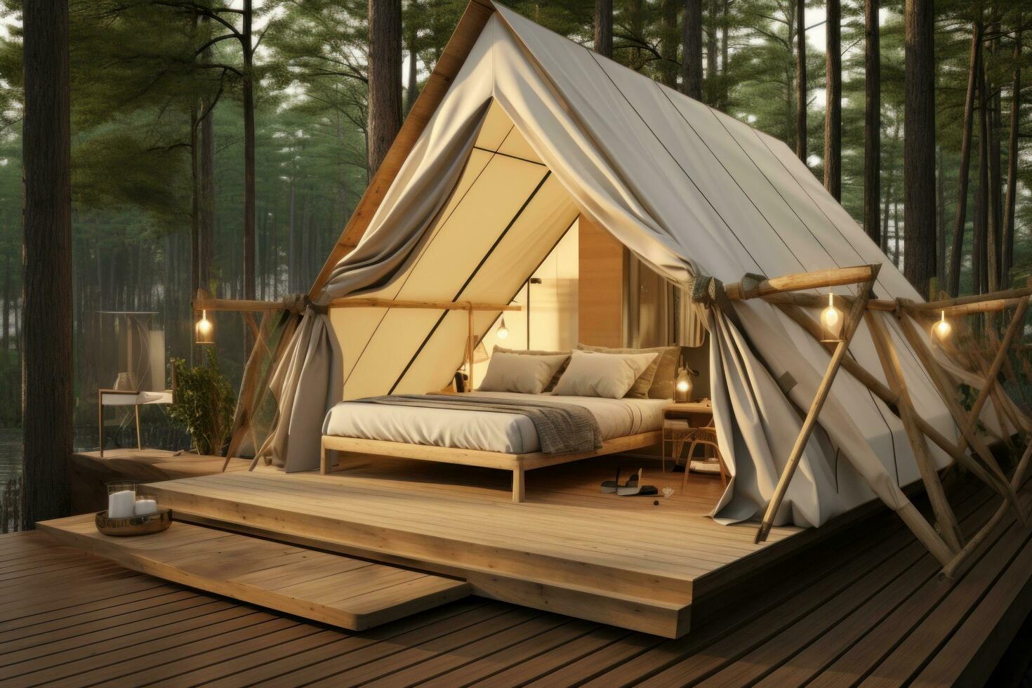 AI generated the tent sits on the wooden deck in the woods photo