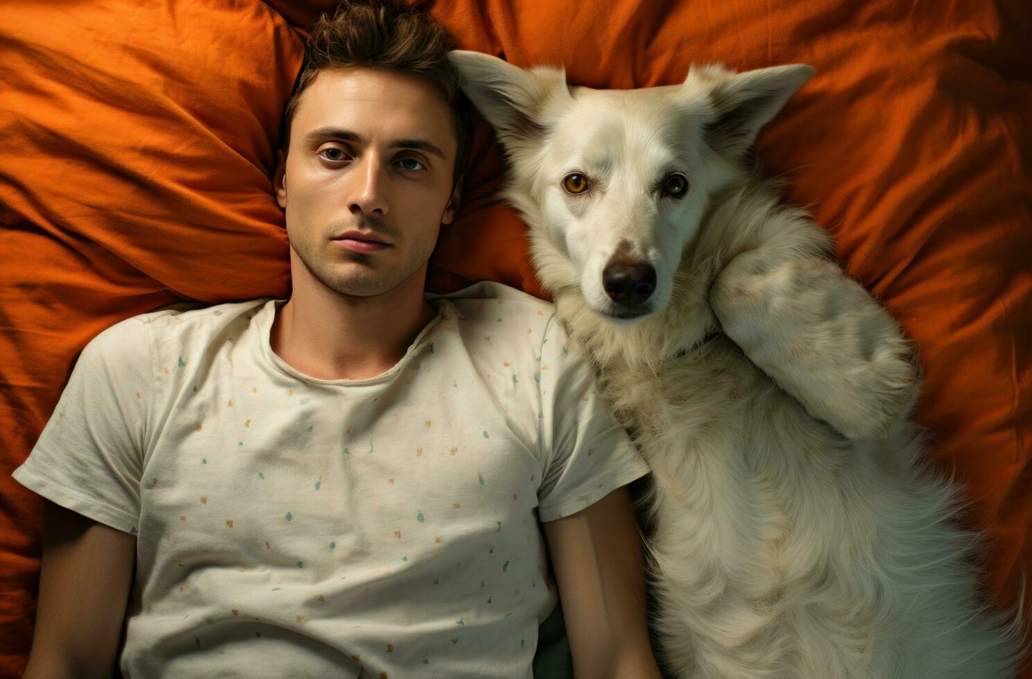 AI generated man and dog lies on bed next to him photo