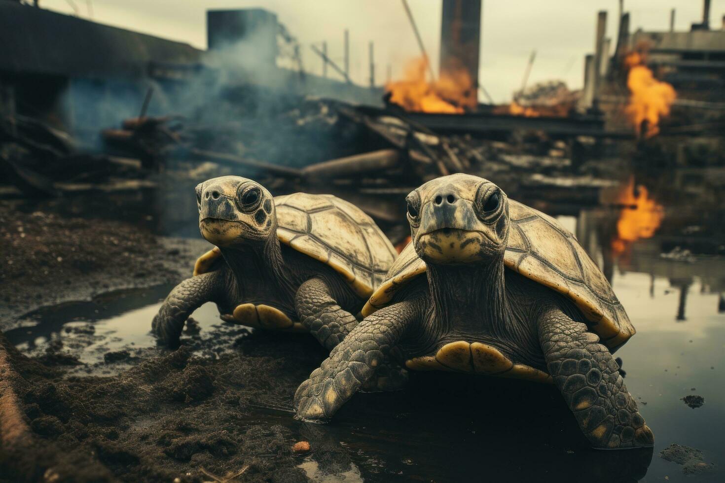 ai generado tortugas con petróleo en su bocas foto