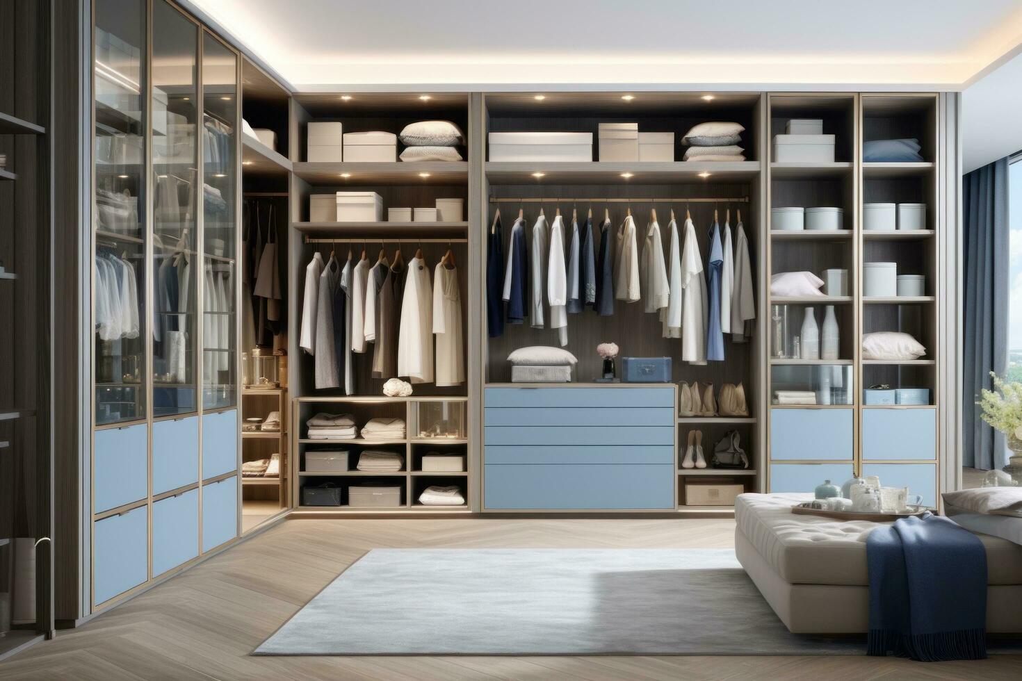 AI generated open closet with blue and white drawers photo
