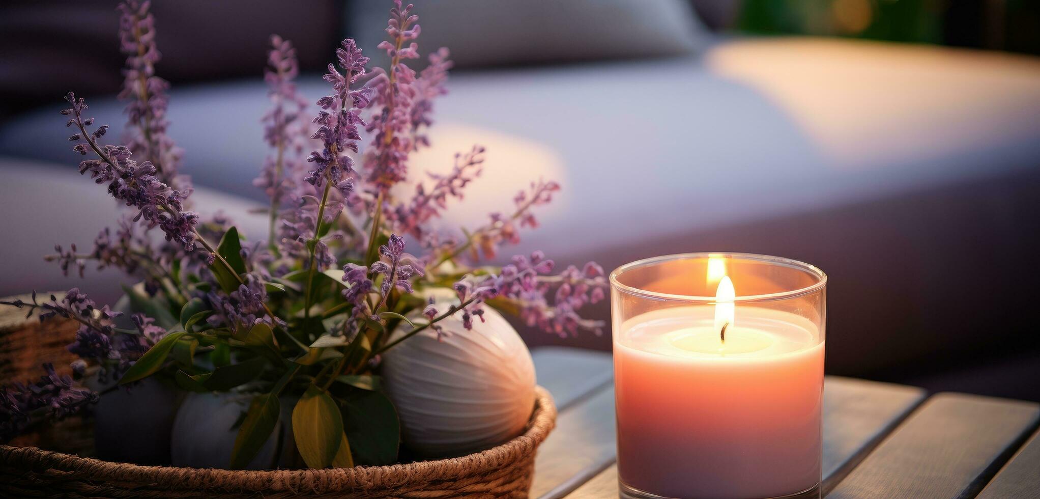 AI generated a candle with lavender flowers next to a couch photo