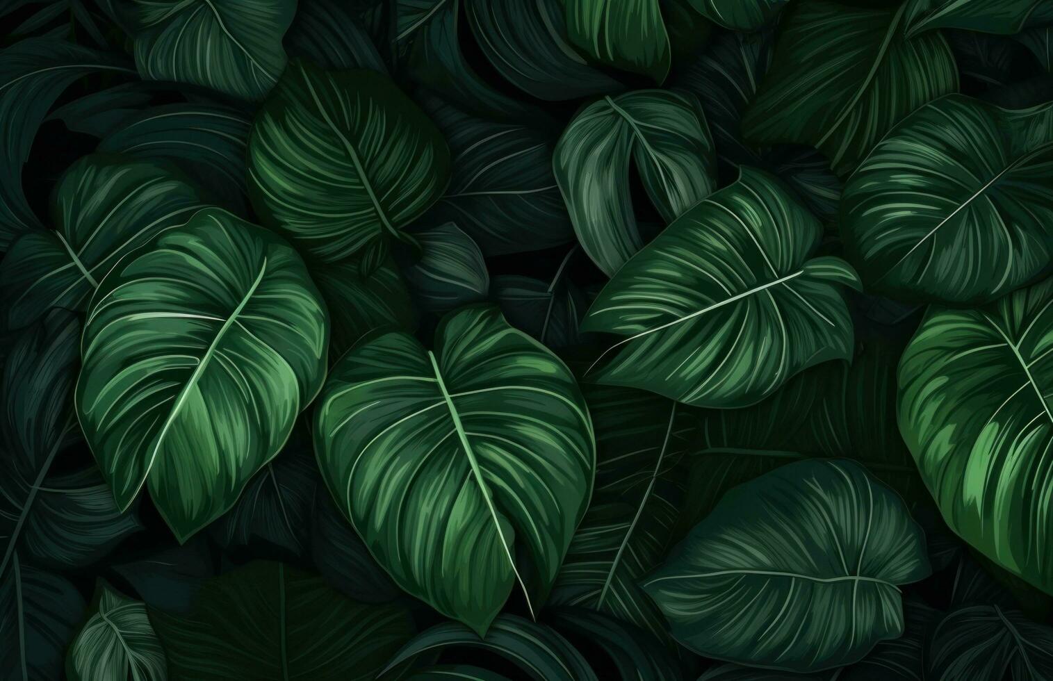 AI generated green leaves of a tropical forest on a dark, photo