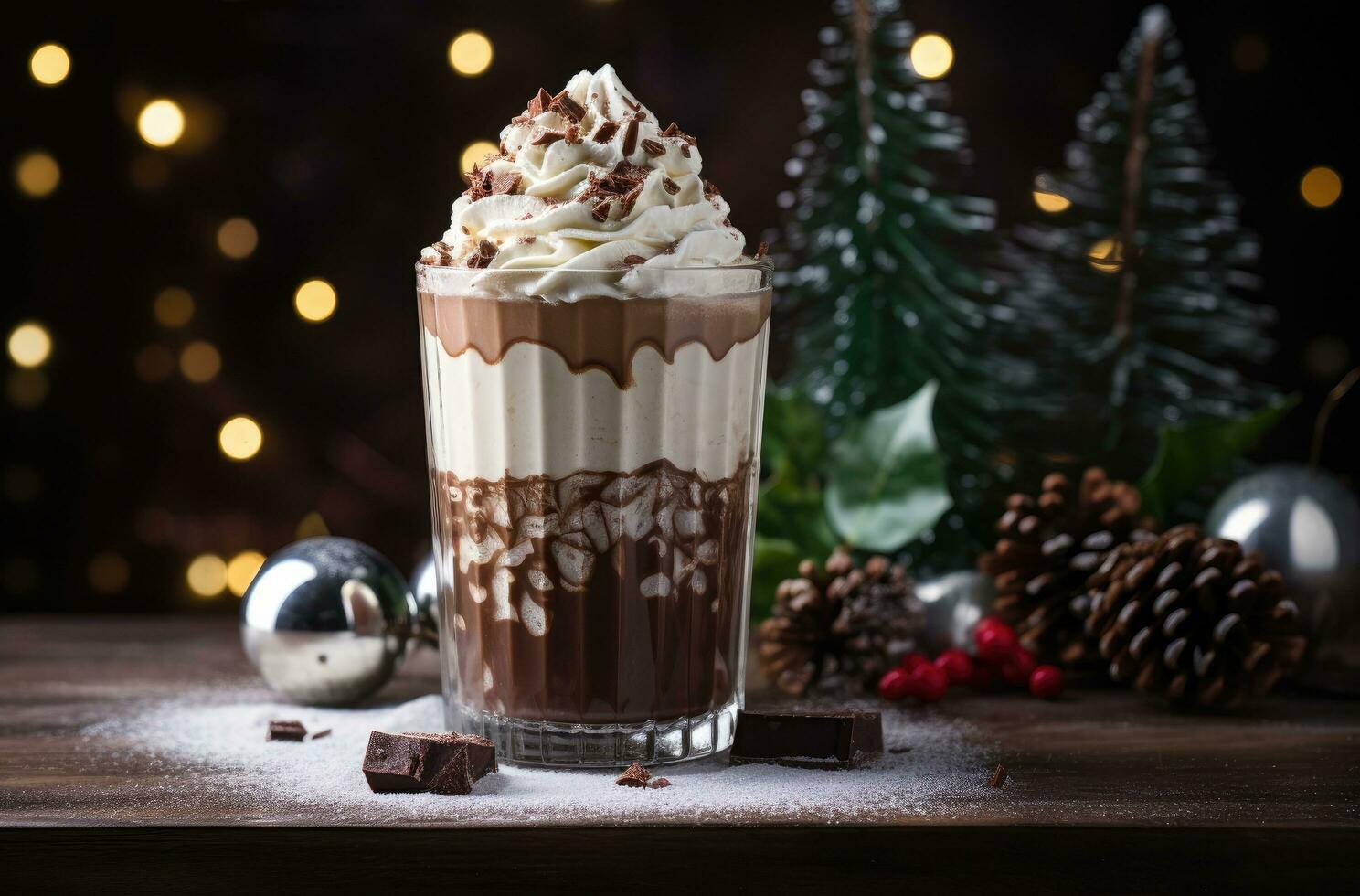 AI generated a chocolate drink made of crushed chocolate and covered with cream photo
