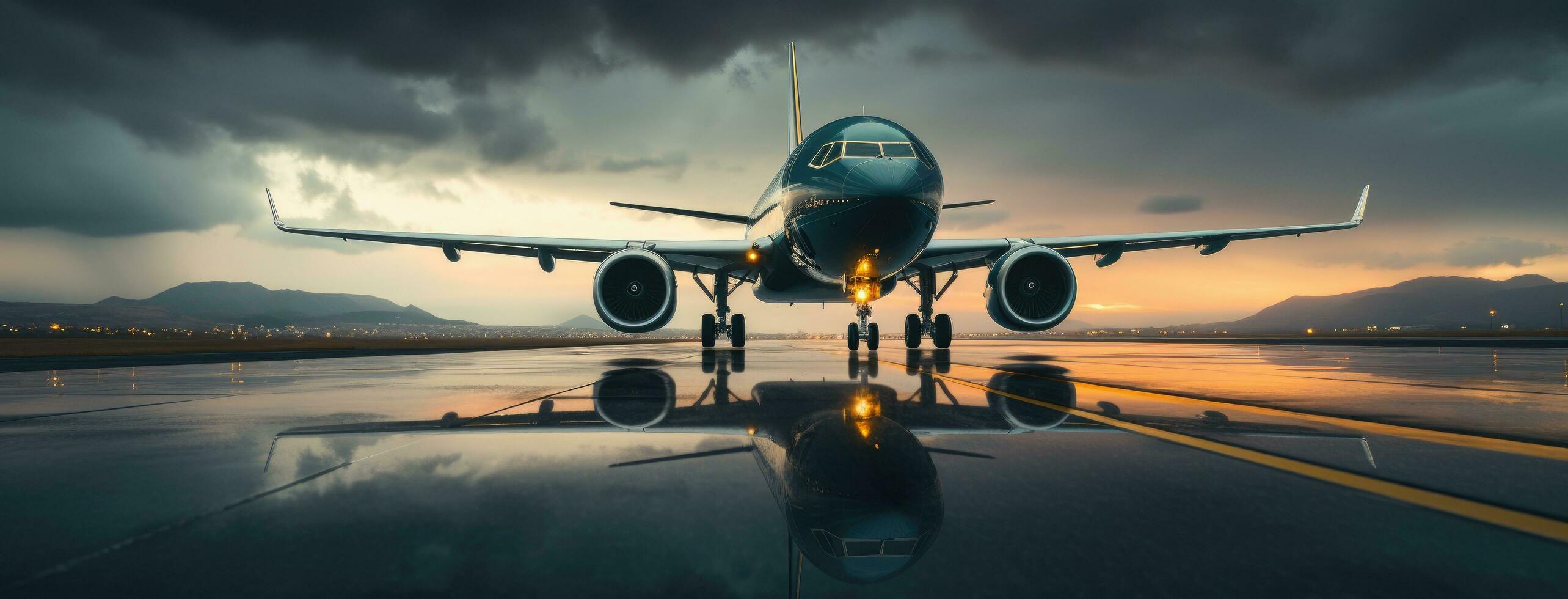 ai generado un chorro avión rodaje abajo el pista foto