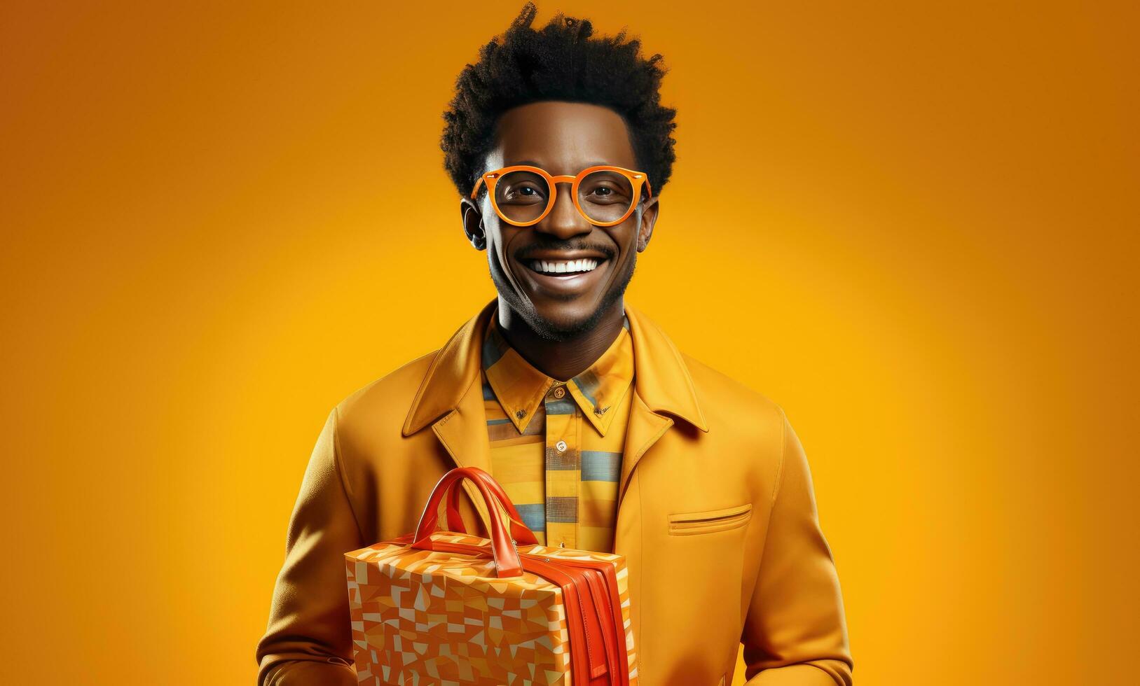 AI generated a man wearing glasses with a gift box holding on to it while smiling photo