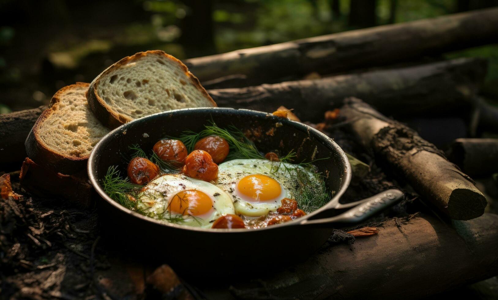 AI generated a pan with eggs, bread and bacon on top of the fireplace. photo