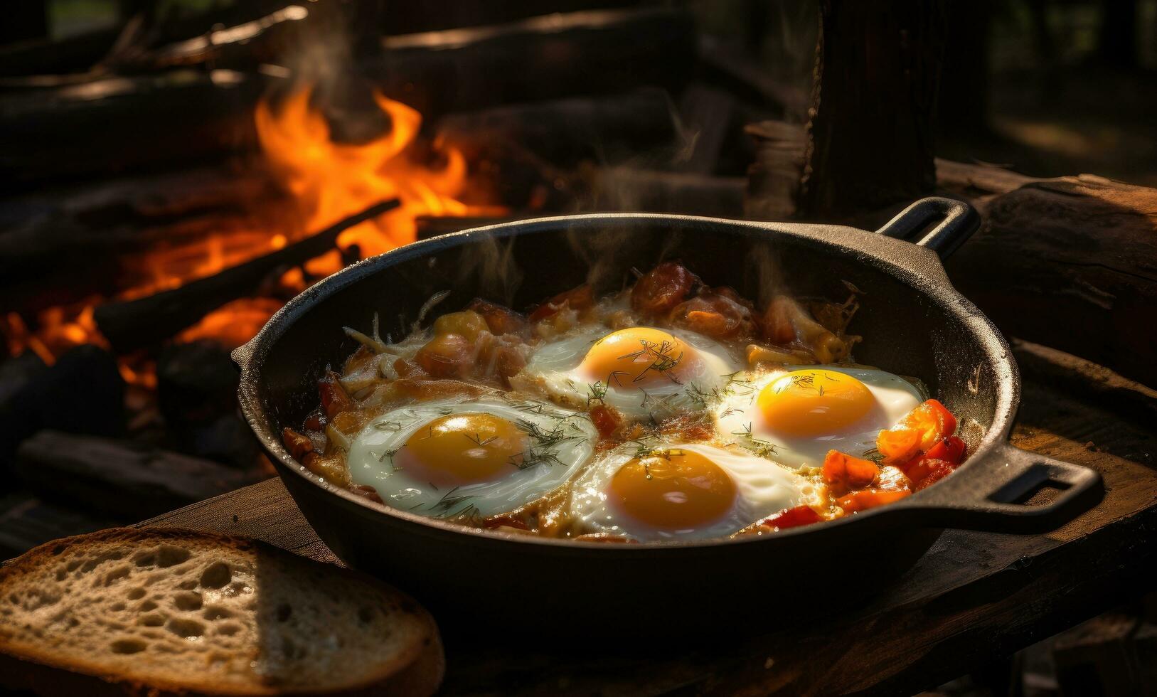 AI generated a pan with eggs, bread and bacon on top of the fireplace. photo