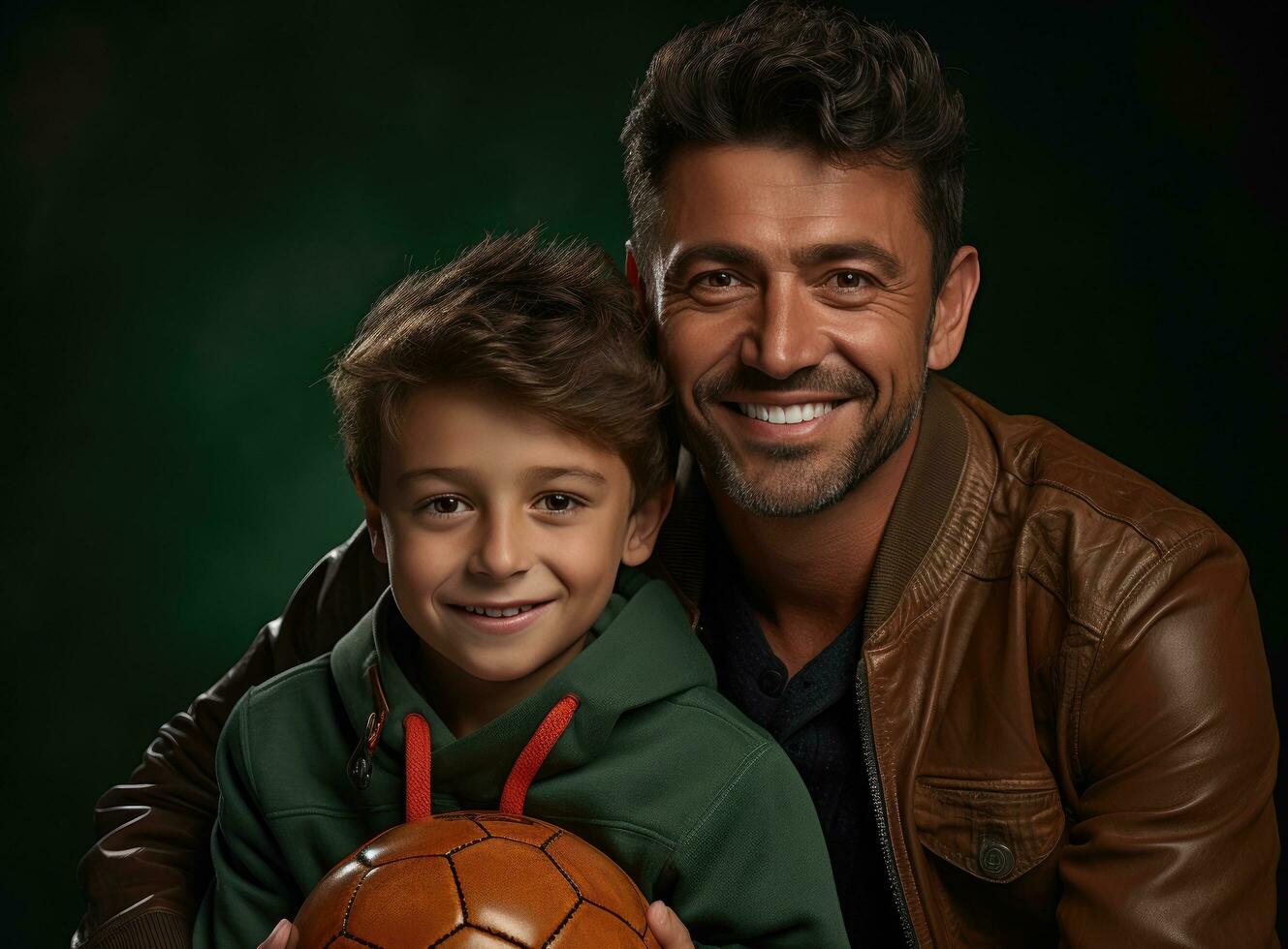 AI generated a man and son huddled together holding a soccer ball photo