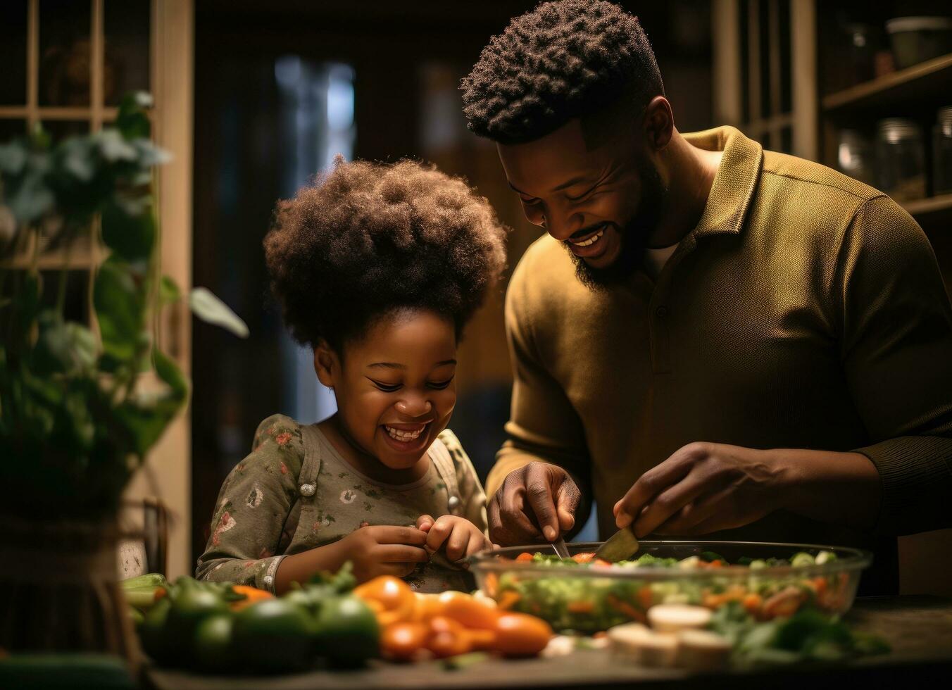 ai generado un Pareja y bebé haciendo comida en un cocina foto