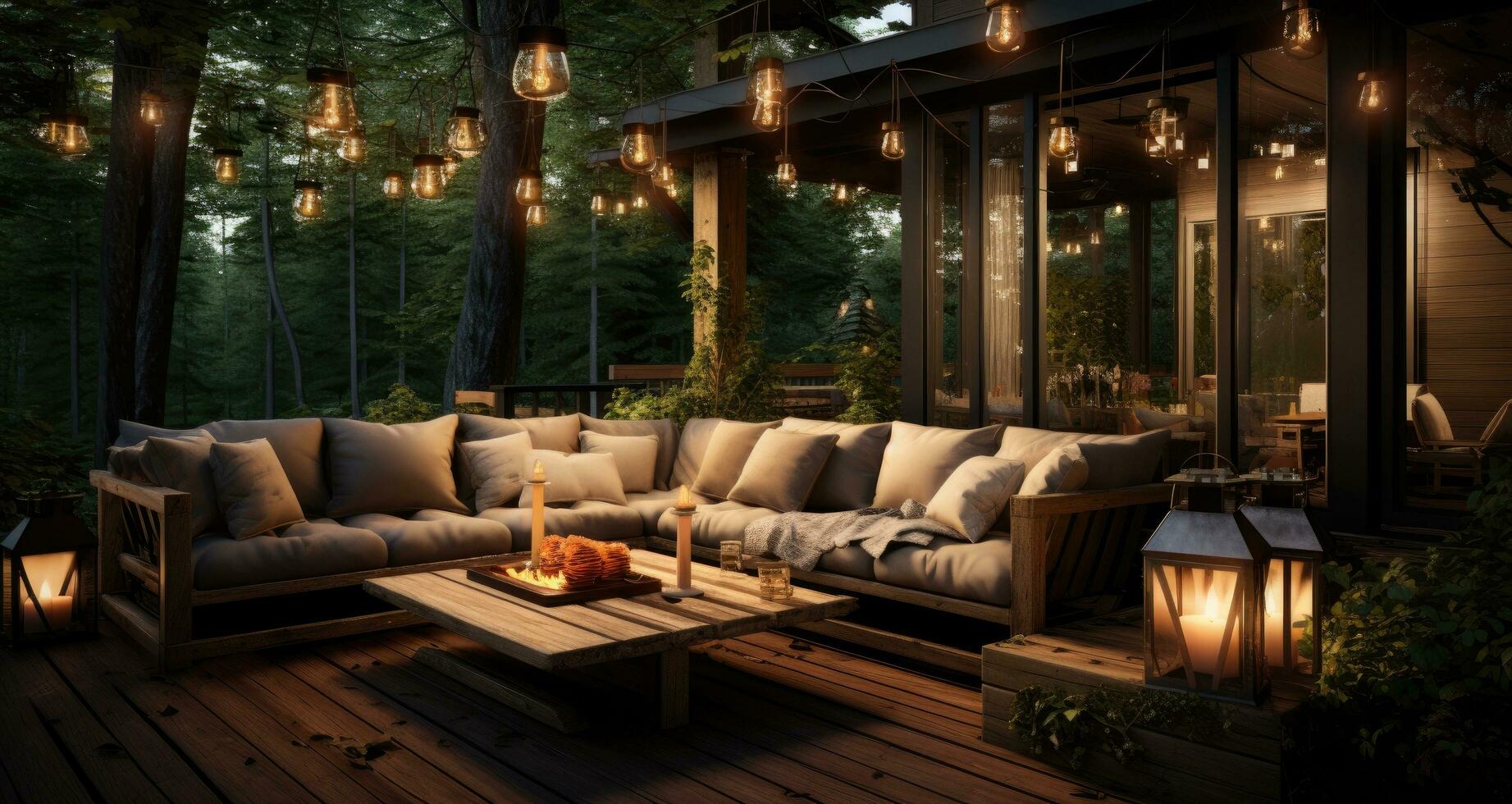 AI generated a deck space with lots of seating and lanterns light up with trees photo