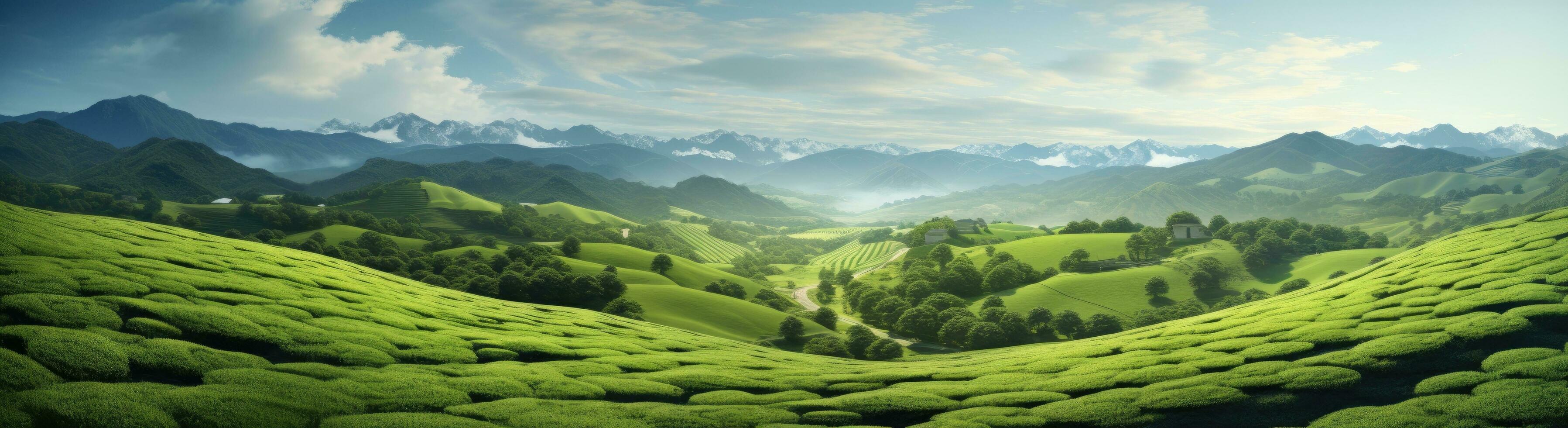 ai generado un hermosa paisaje de verde colinas y té campos foto