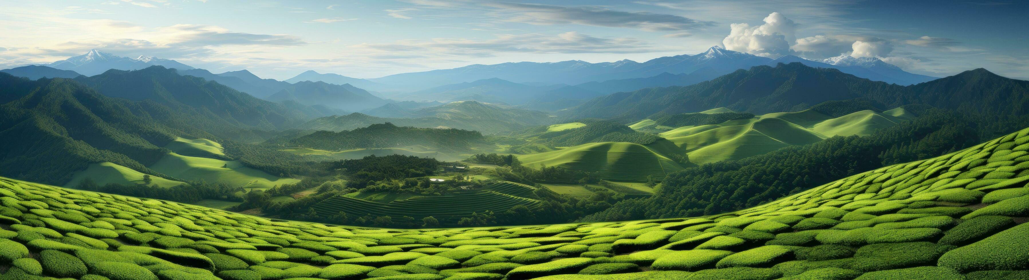 ai generado un hermosa paisaje de verde colinas y té campos foto