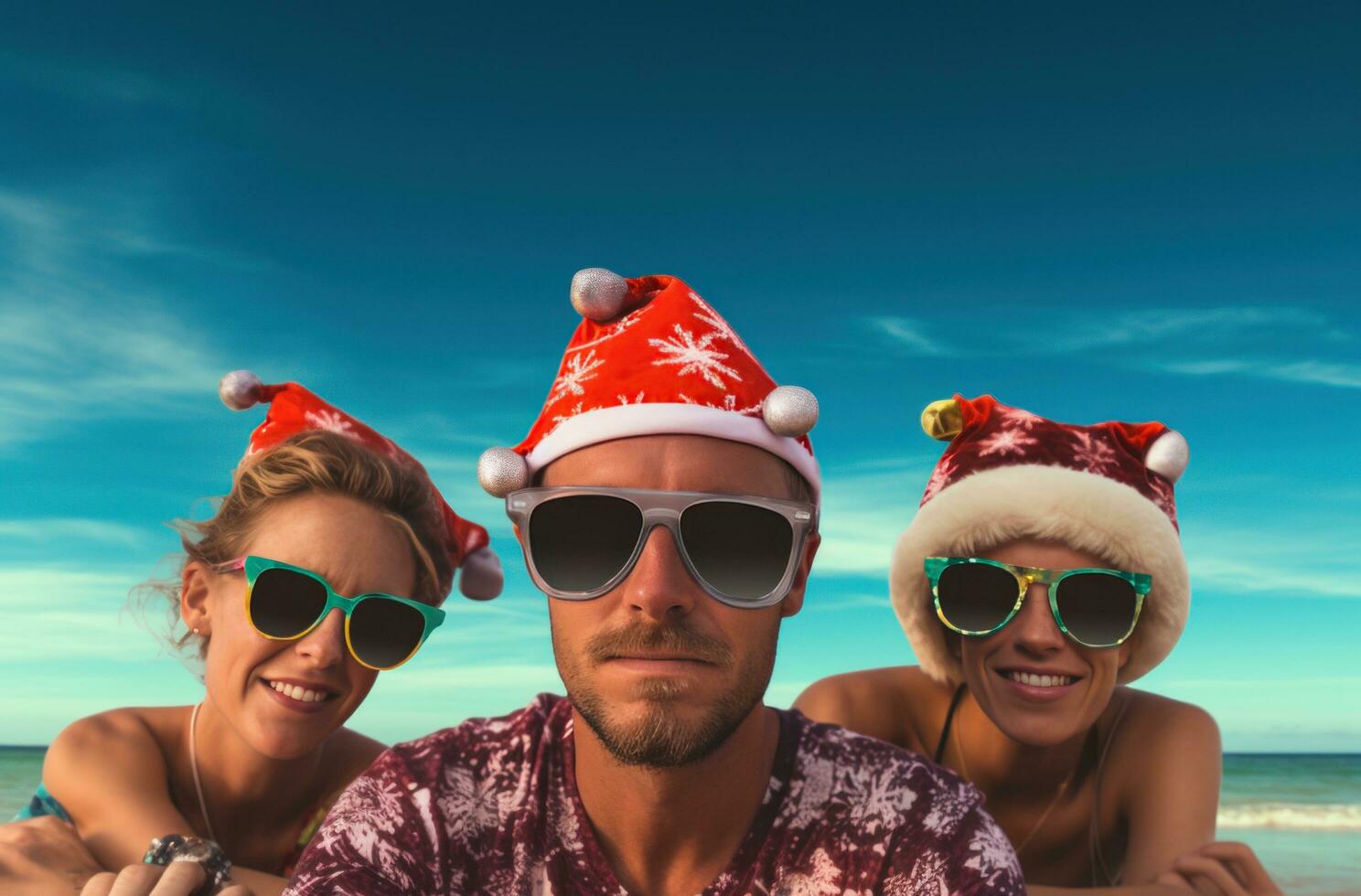 AI generated happy holiday friends in santa hat, photo