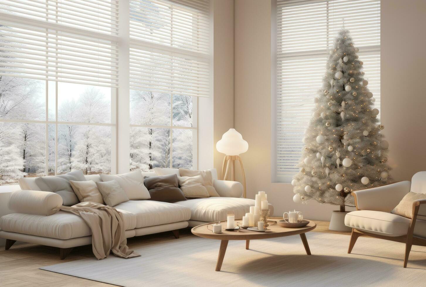 ai generado un acogedor vivo habitación ese tiene un blanco sofá y un grande Navidad árbol foto