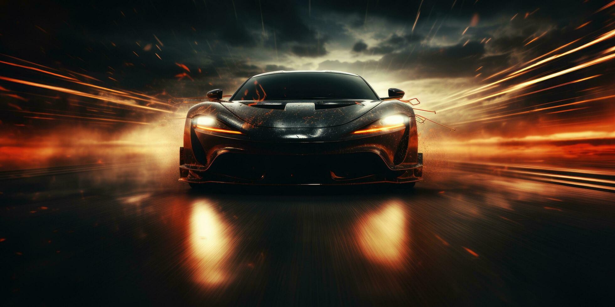 AI generated a race car driving at sunset in the night photo
