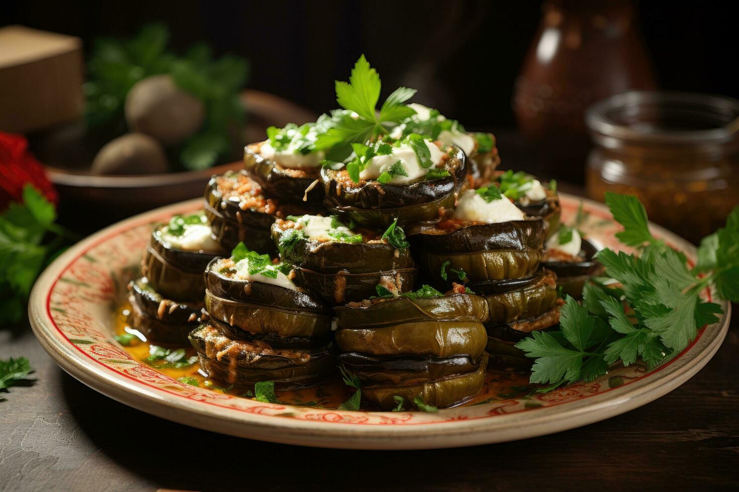 AI generated a plate filled with eggplant leaves and a spoon of sauce, photo