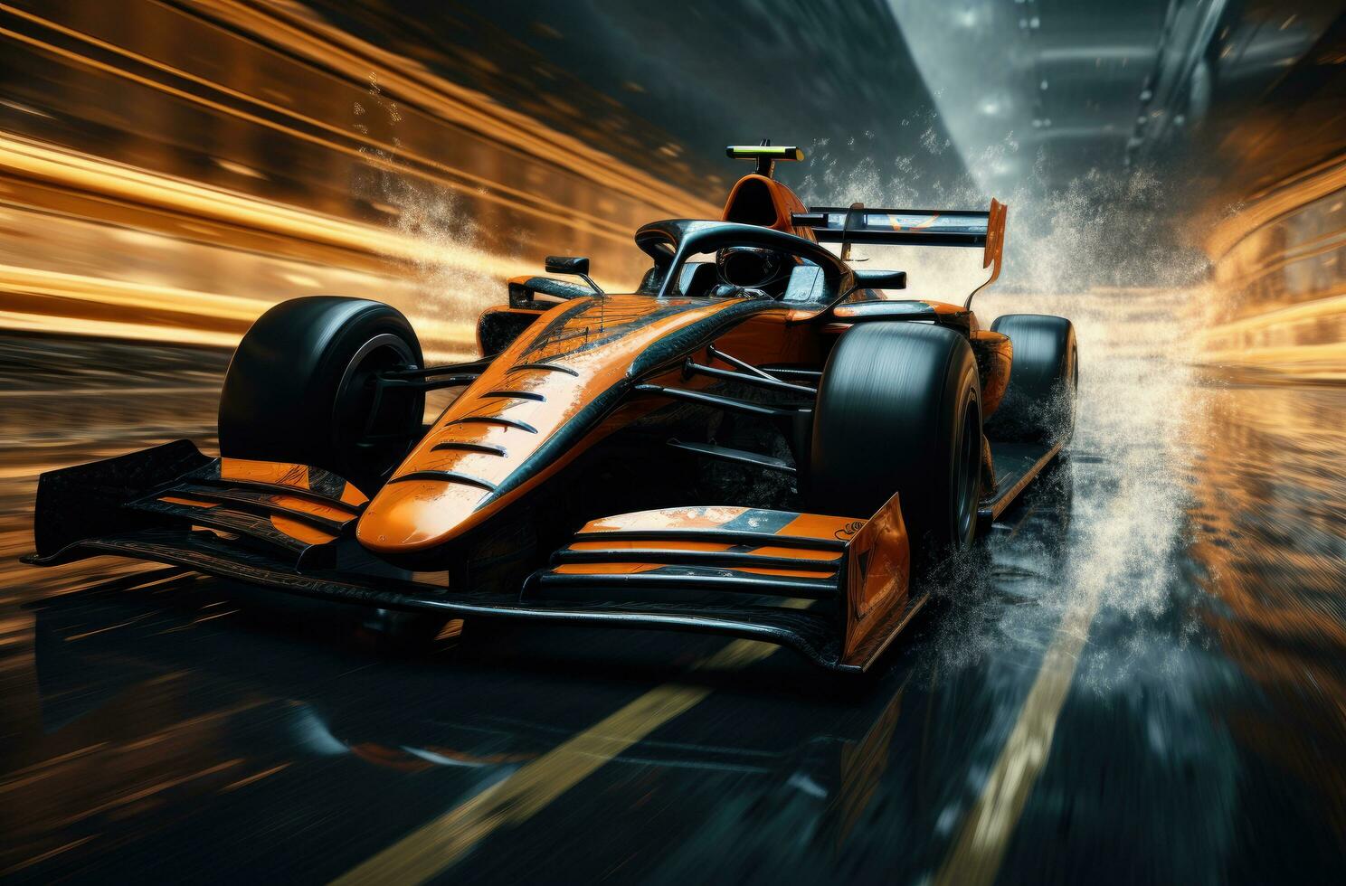 AI generated a race car that goes fast over a track with rain flowing across it photo