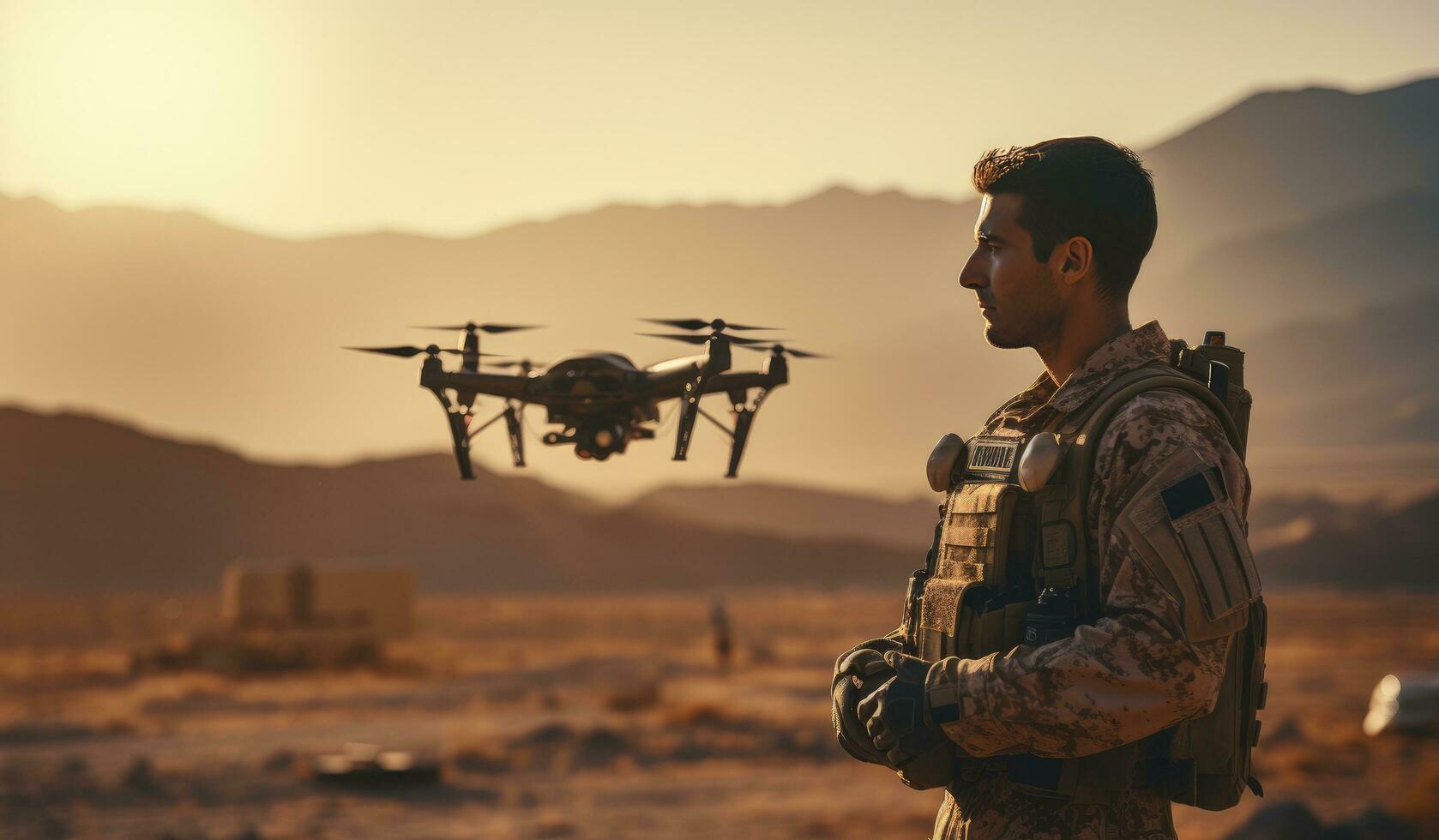 AI generated a soldier looks out over a drone flying in the desert, photo