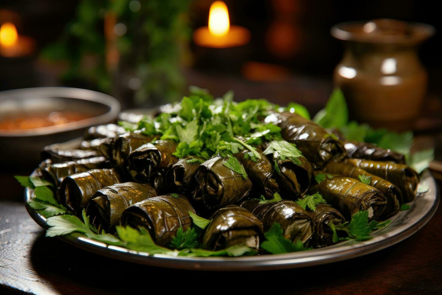 AI generated a plate filled with eggplant leaves and a spoon of sauce, photo
