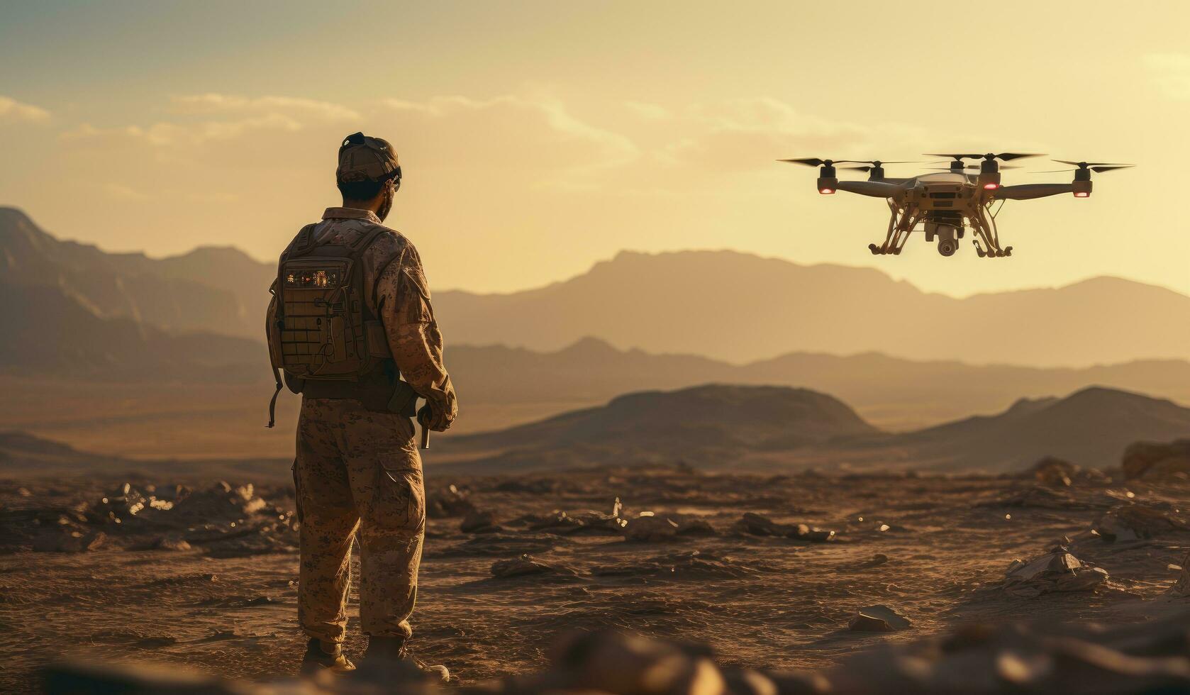 AI generated a soldier looks out over a drone flying in the desert, photo