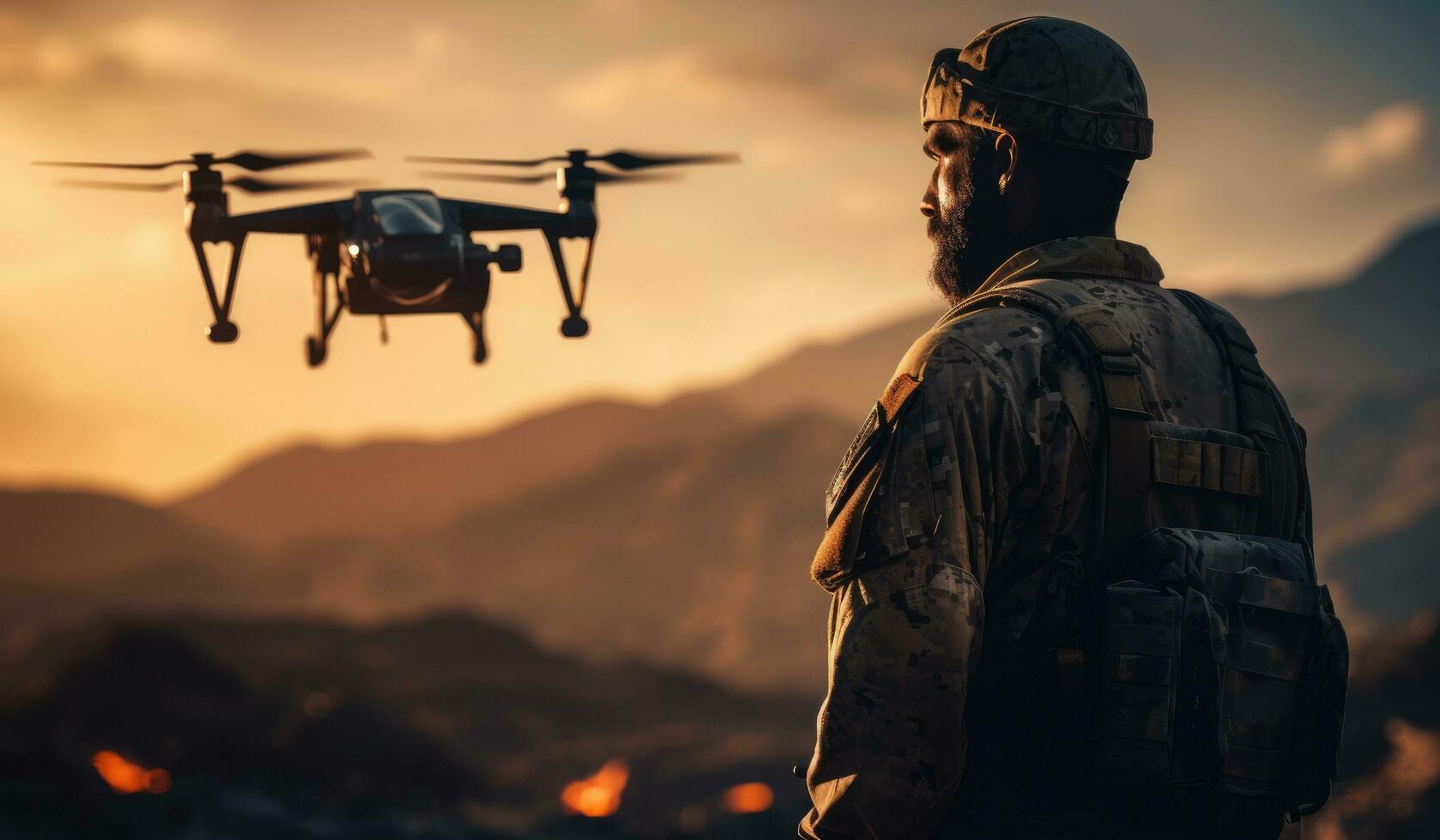 AI generated a soldier looks out over a drone flying in the desert photo