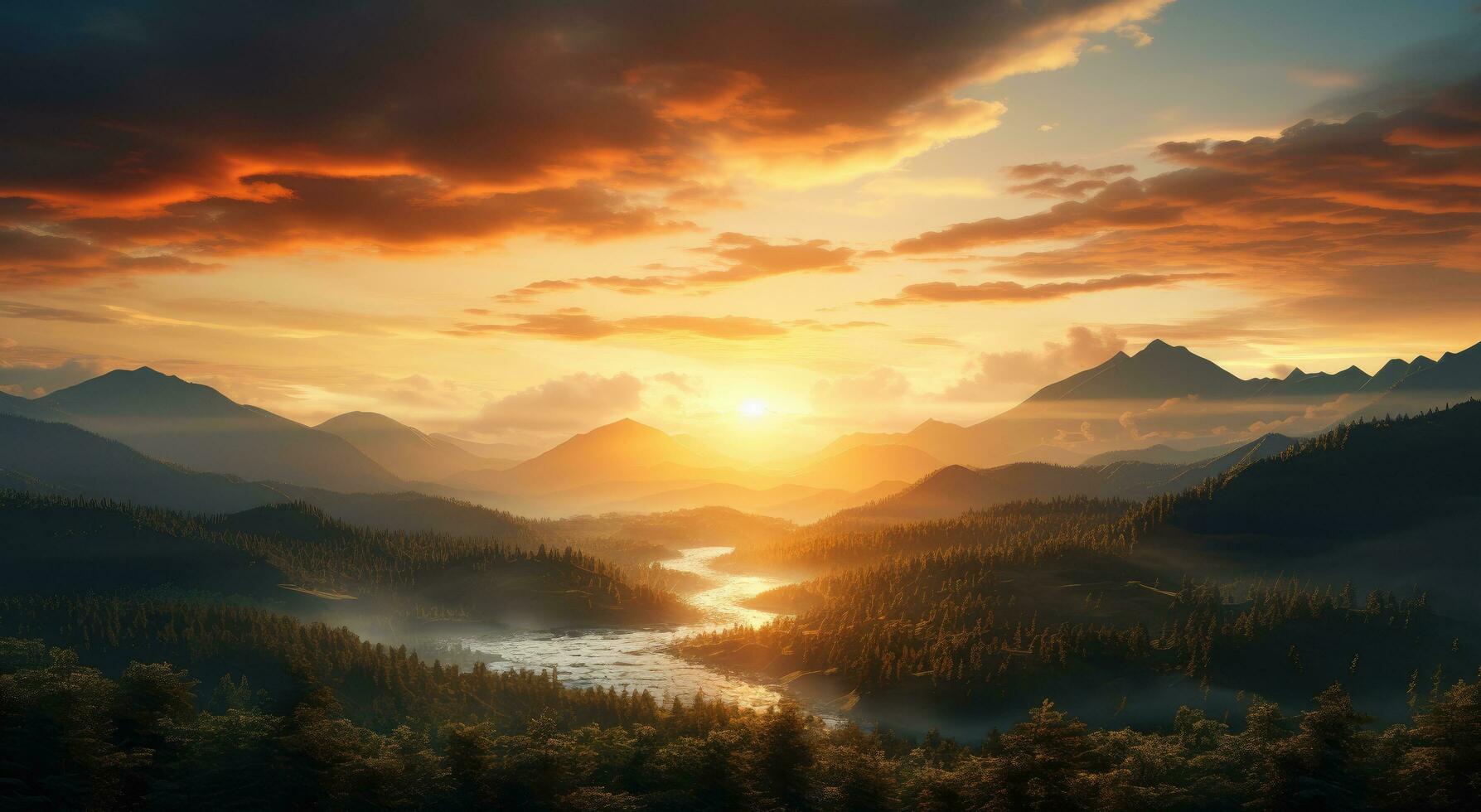 AI generated a sunrise over mountains in an animated scene photo