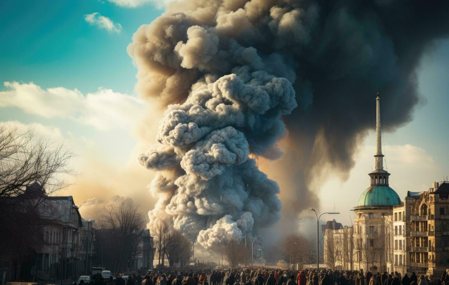 ai generado un penacho de fumar va dentro el aire en un ciudad después un explosión foto