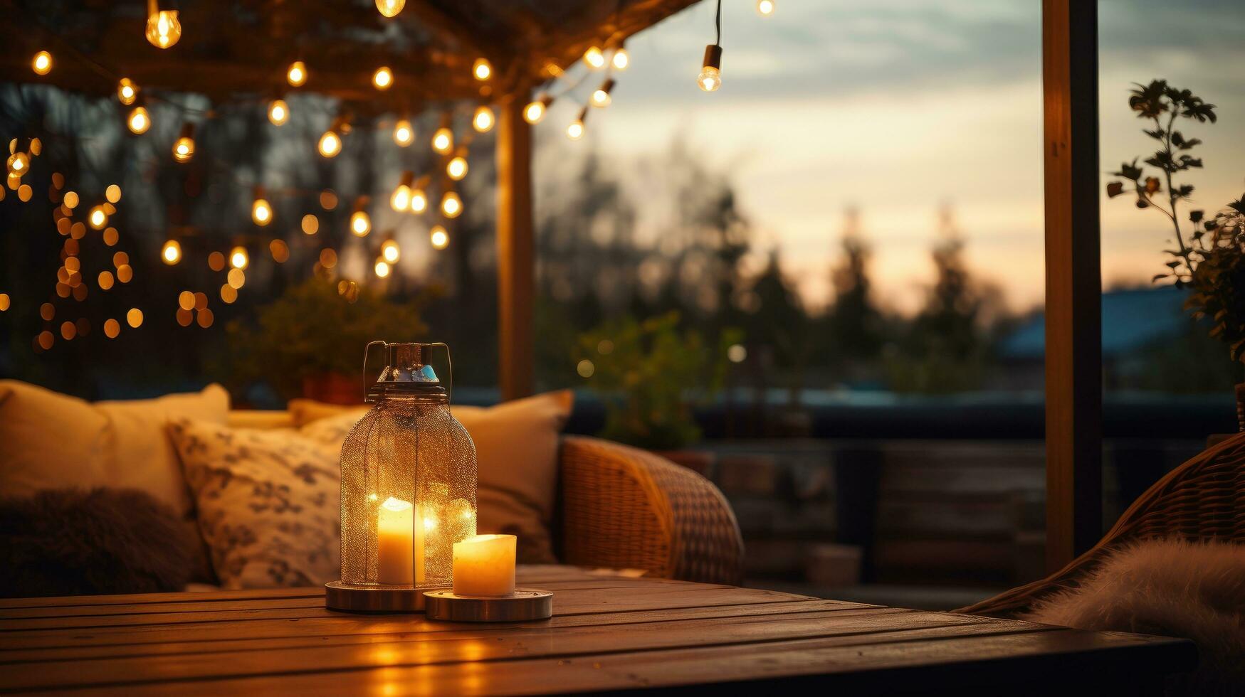 AI generated a table with lots of outdoor lights and a wooden deck photo