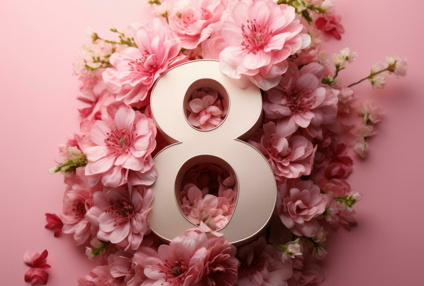 AI generated a pink 8 on top of a floral paper with flowers around it photo