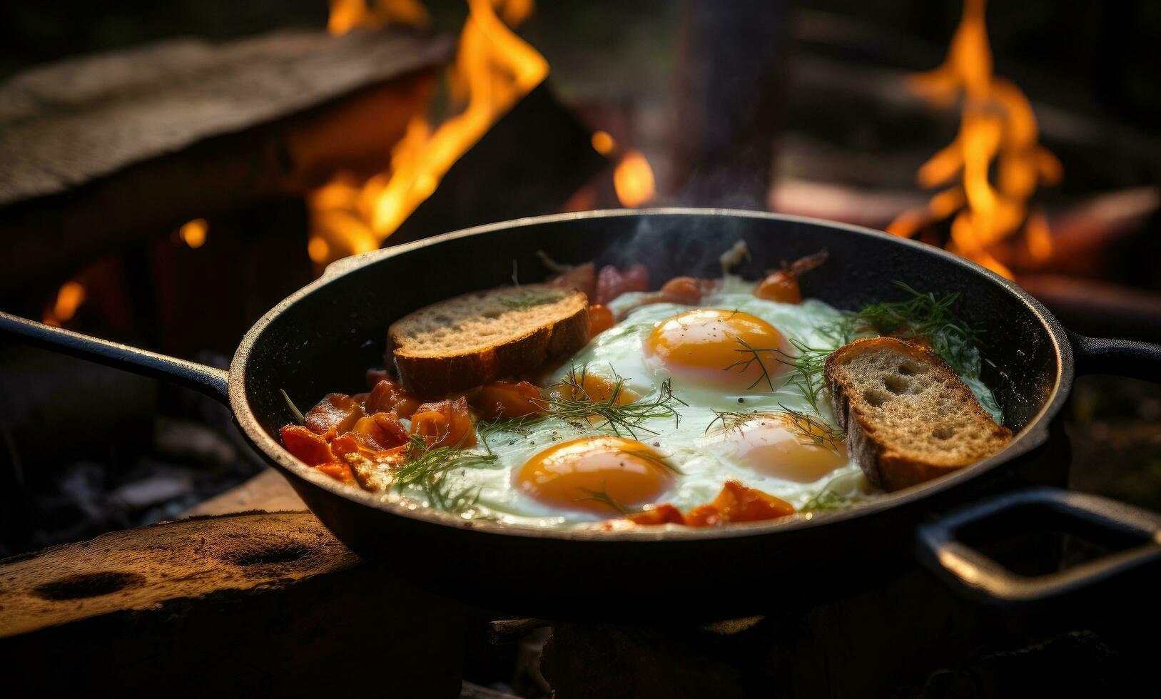 AI generated a pan with eggs, bread and bacon on top of the fireplace. photo