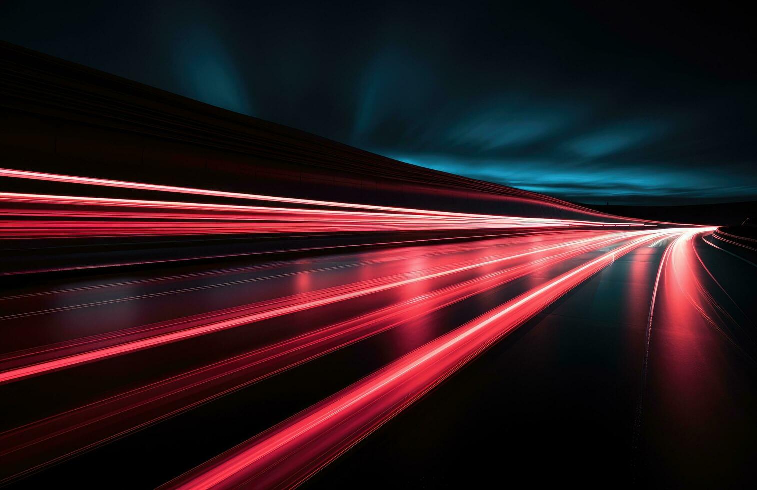 AI generated a long exposure shot of automobiles leaving a red light trail on the black highway photo