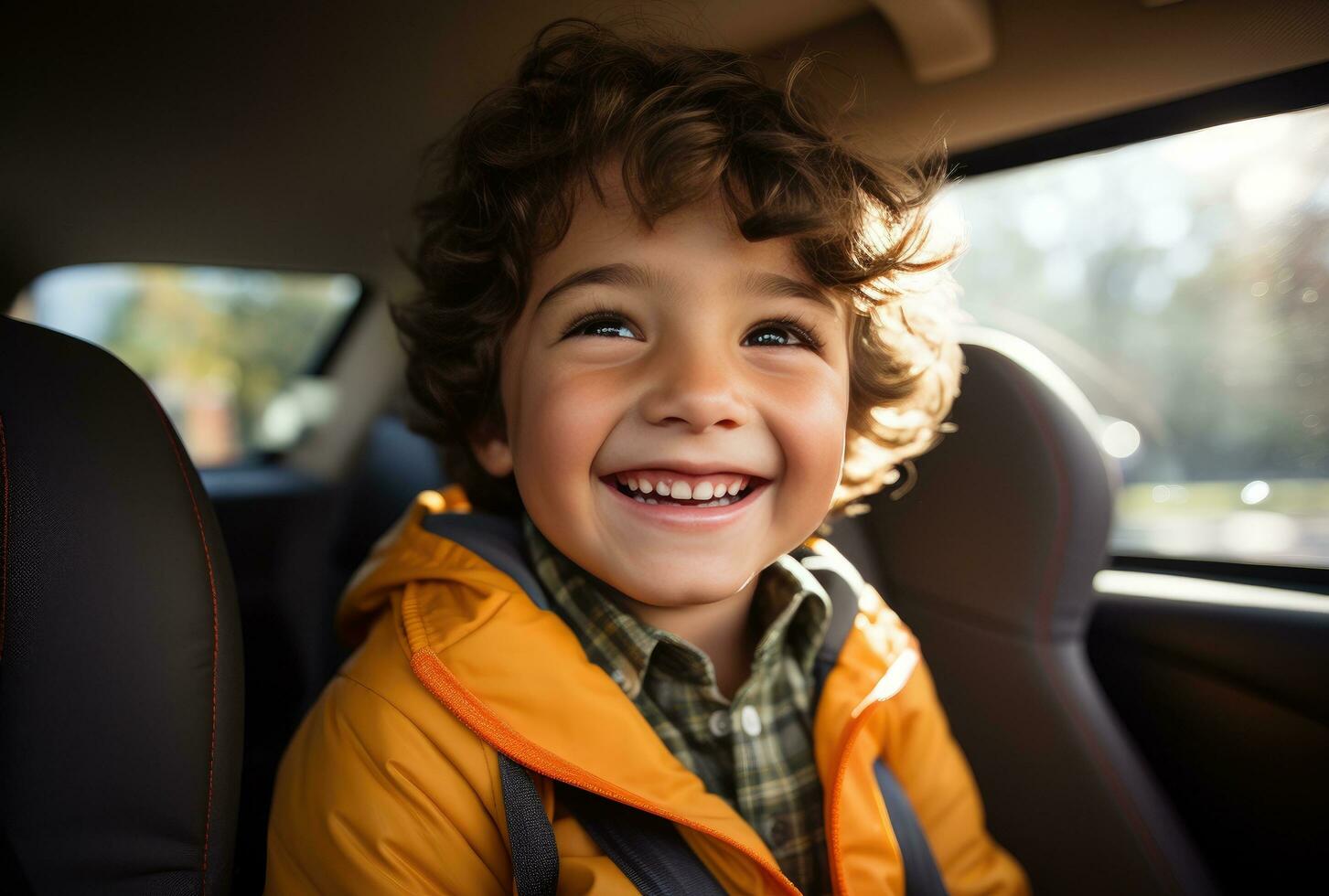 ai generado un mamá y su hijo trabajando juntos en un la carretera viaje mientras conducción foto